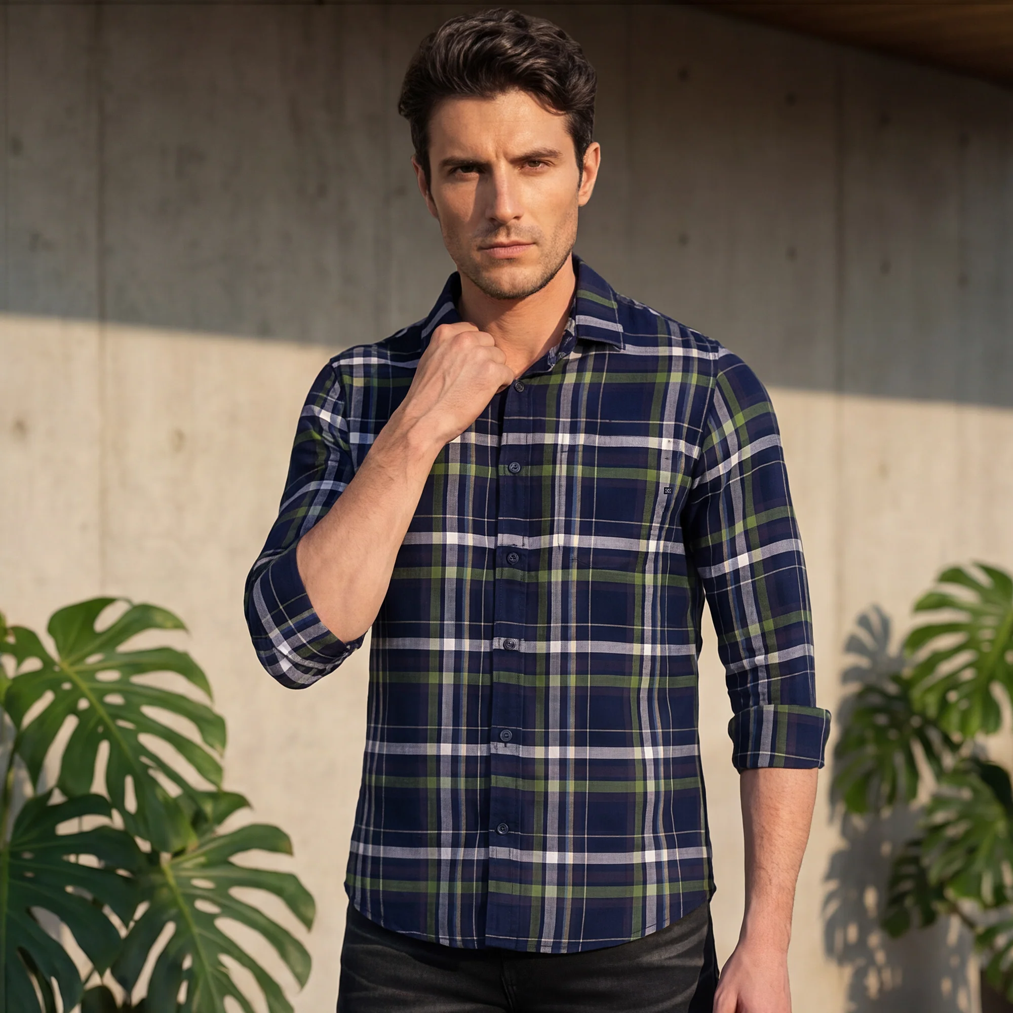 Full Sleeves Slim Fit Navy Structure Checks Shirt - Image 2