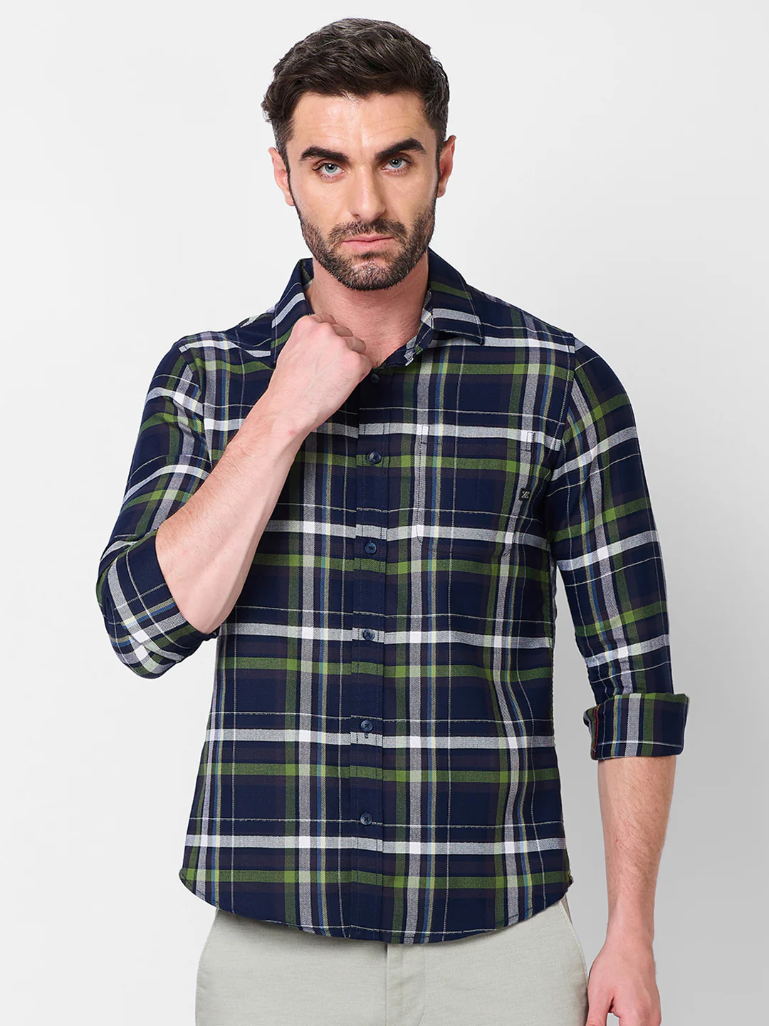 Full Sleeves Slim Fit Navy Structure Checks Shirt - Image 3