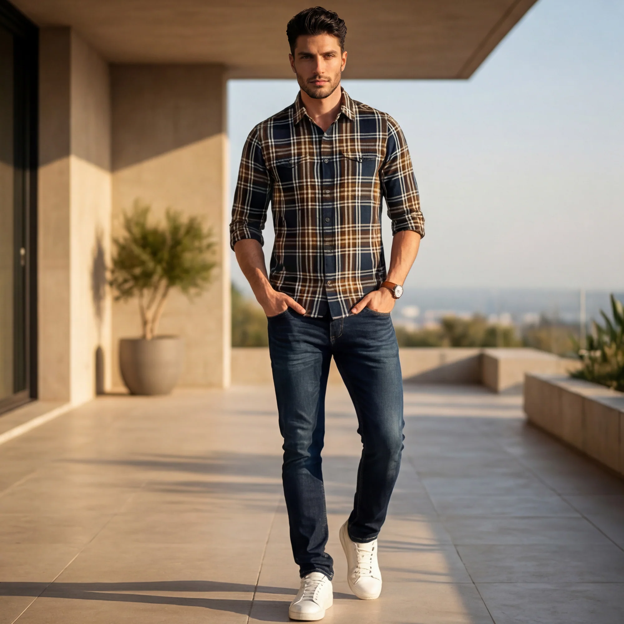 Full Sleeves Slim Fit Navy Brushing Double Pocket Checks Shirt