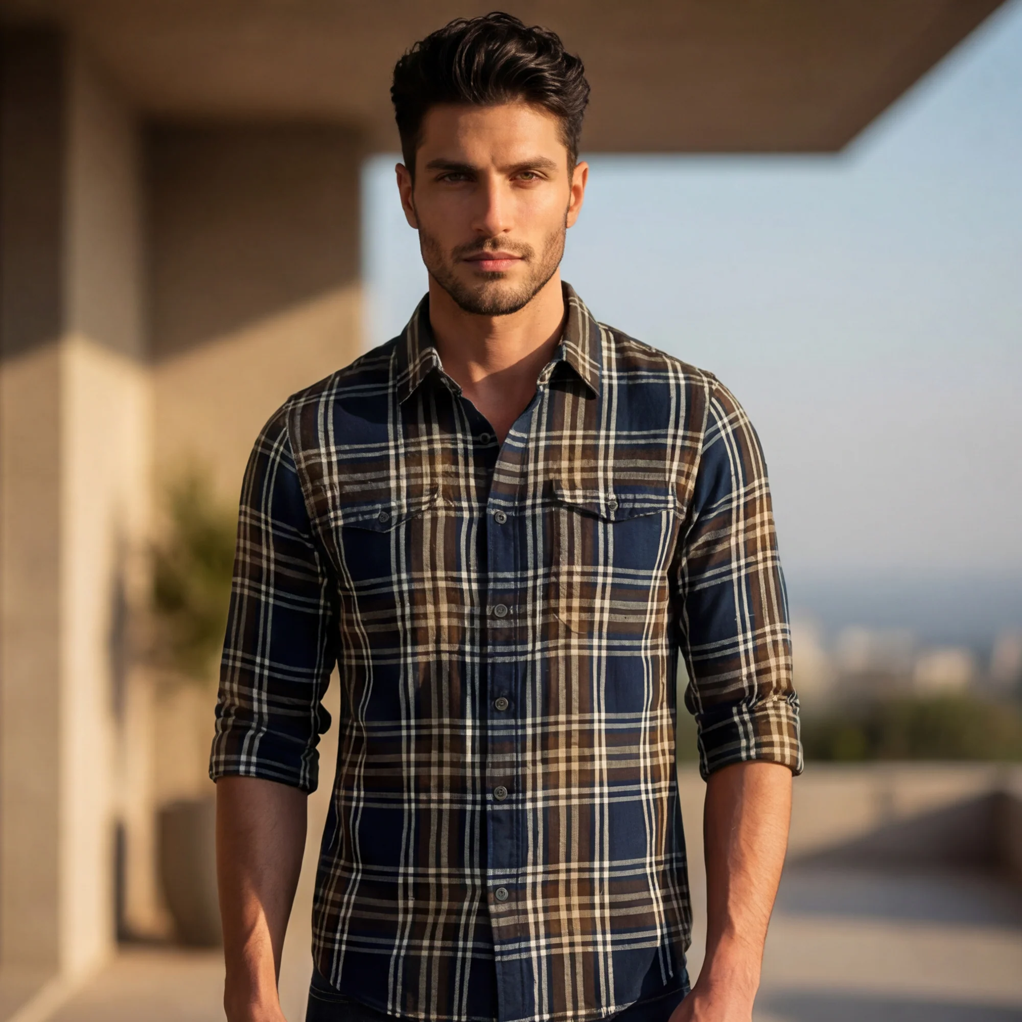 Full Sleeves Slim Fit Navy Brushing Double Pocket Checks Shirt - Image 2