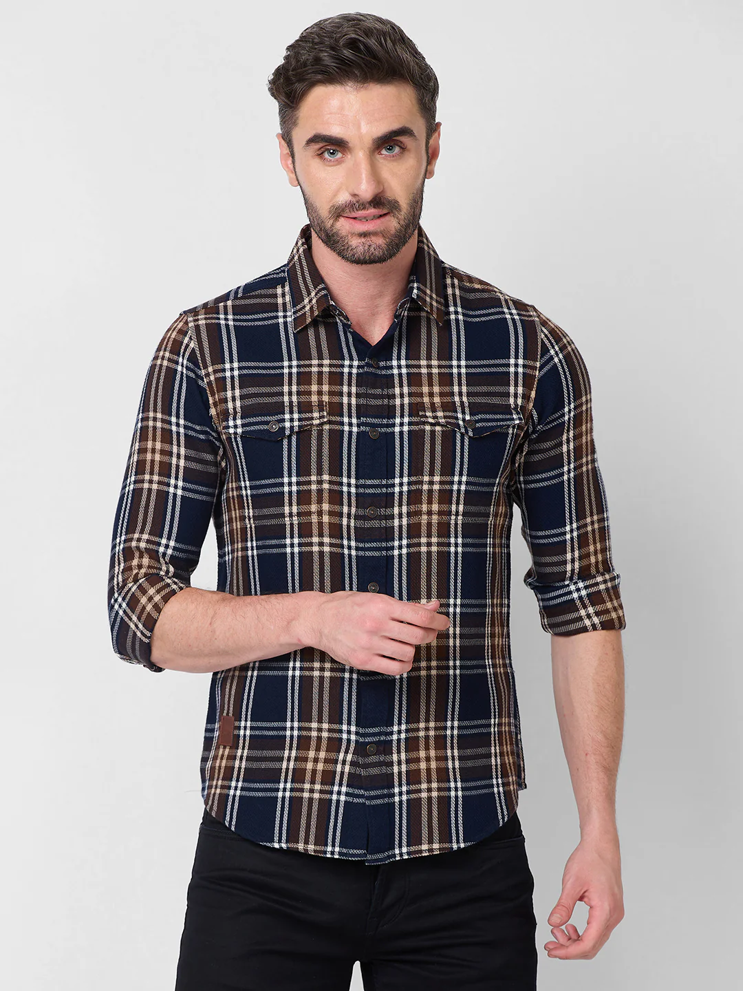 Full Sleeves Slim Fit Navy Brushing Double Pocket Checks Shirt - Image 3