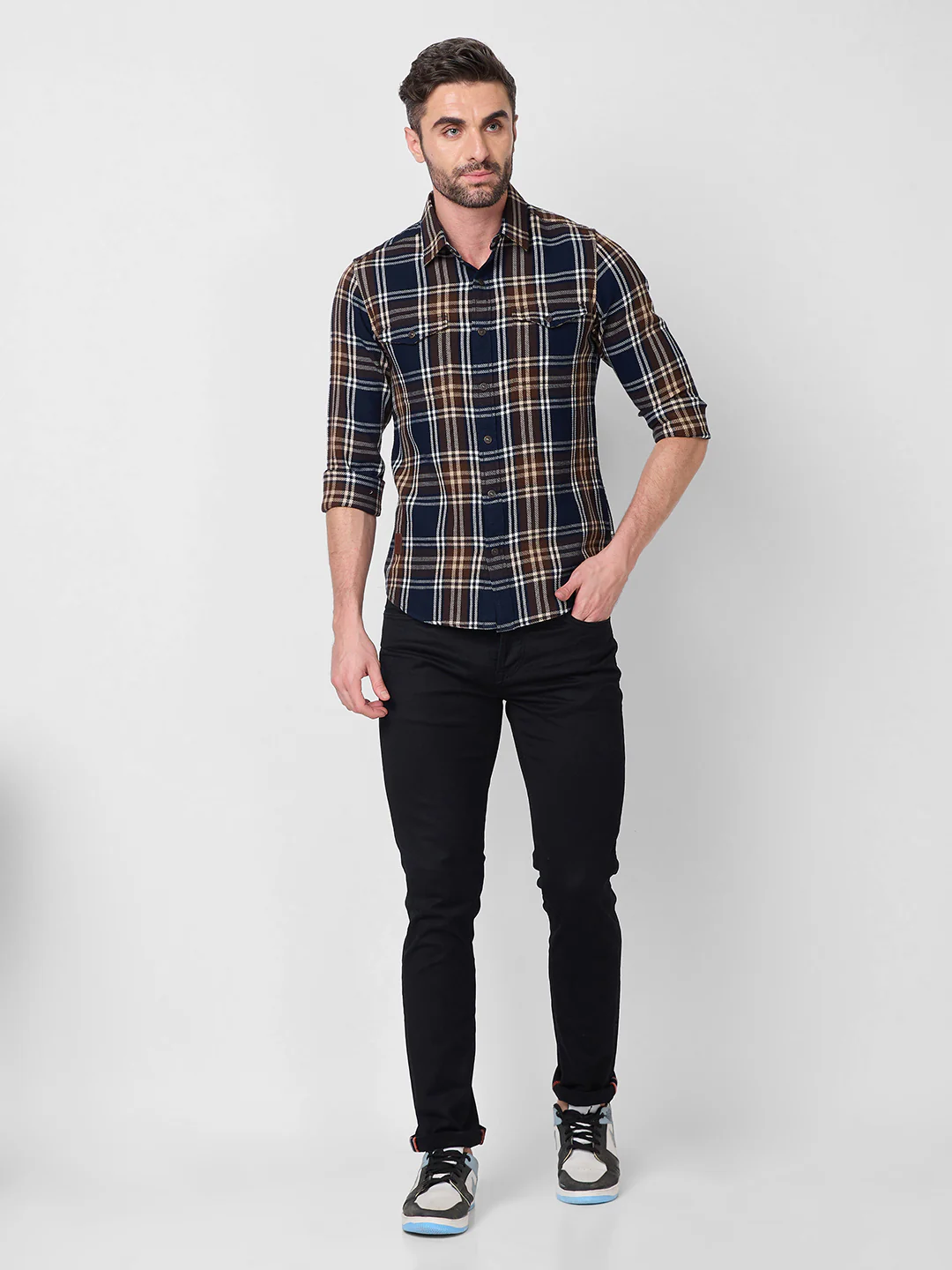 Full Sleeves Slim Fit Navy Brushing Double Pocket Checks Shirt - Image 4