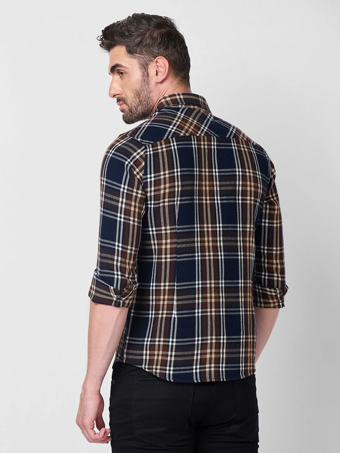 Full Sleeves Slim Fit Navy Brushing Double Pocket Checks Shirt - Image 5