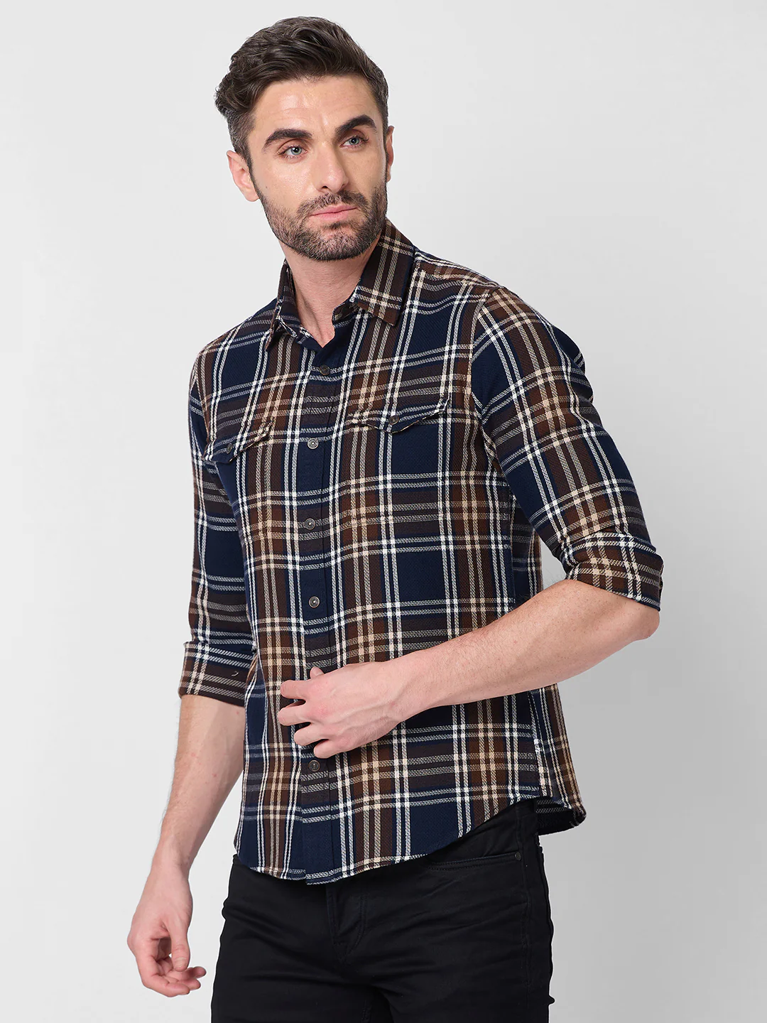 Full Sleeves Slim Fit Navy Brushing Double Pocket Checks Shirt - Image 6