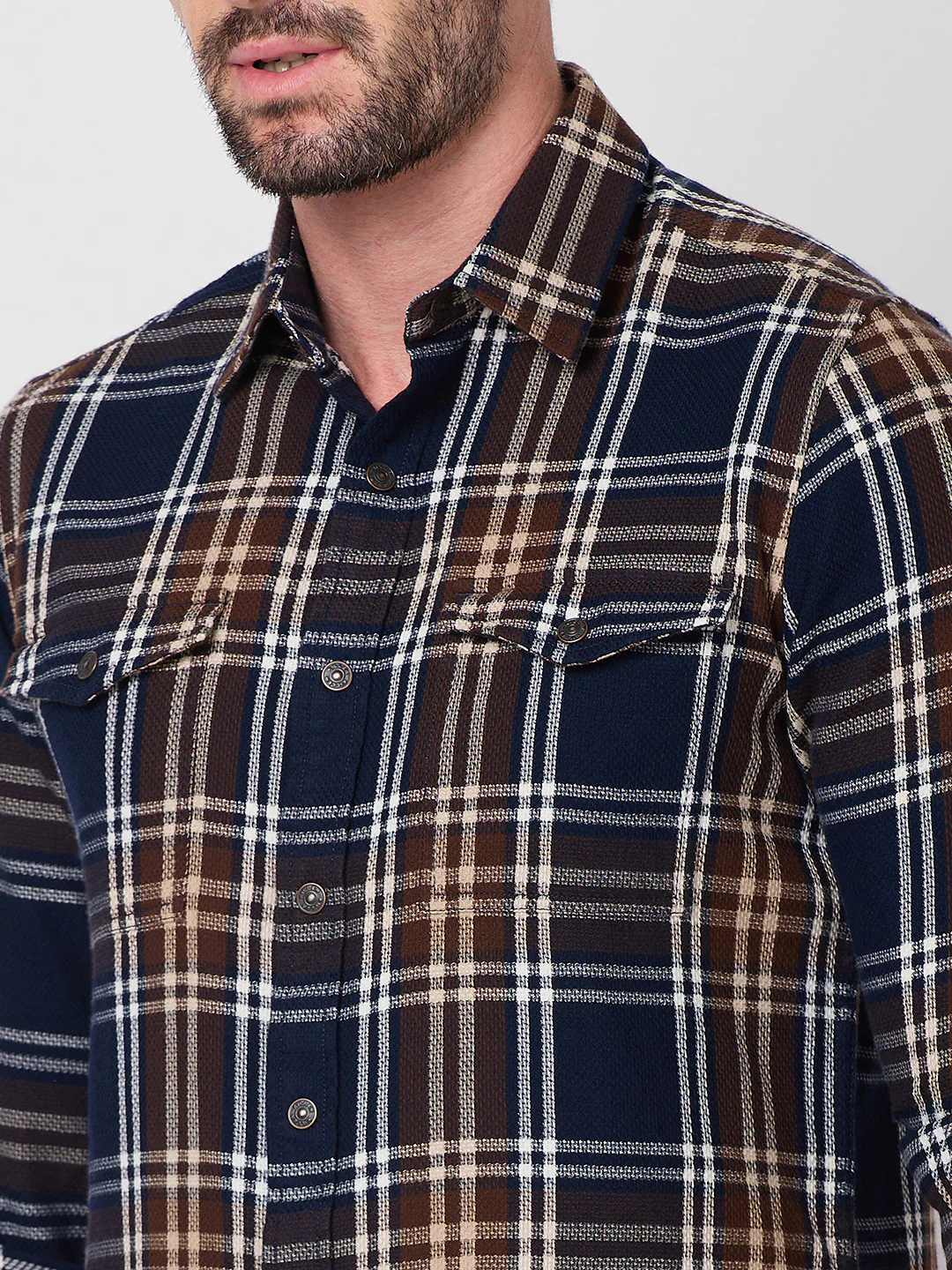 Full Sleeves Slim Fit Navy Brushing Double Pocket Checks Shirt - Image 7