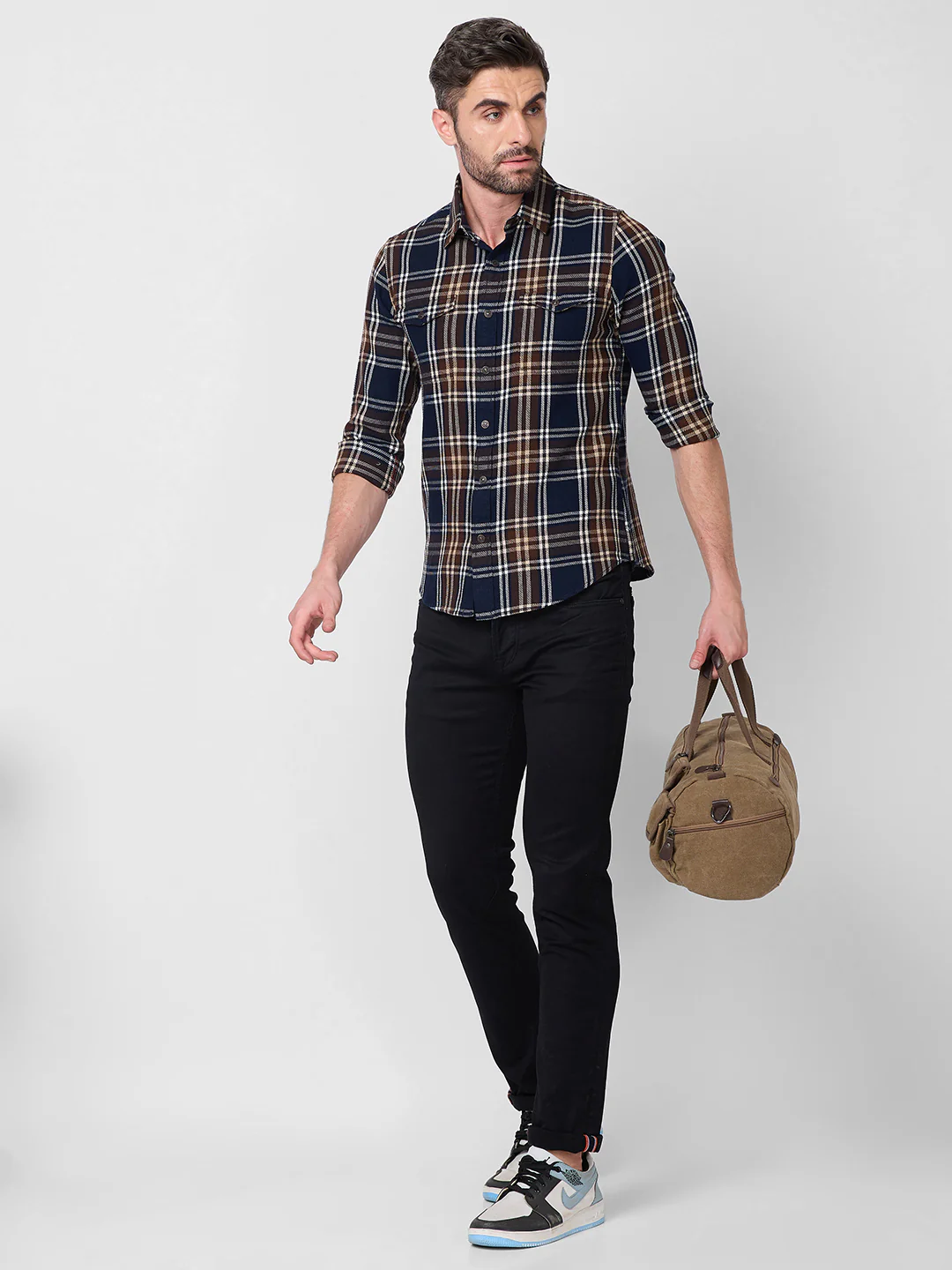 Full Sleeves Slim Fit Navy Brushing Double Pocket Checks Shirt - Image 8