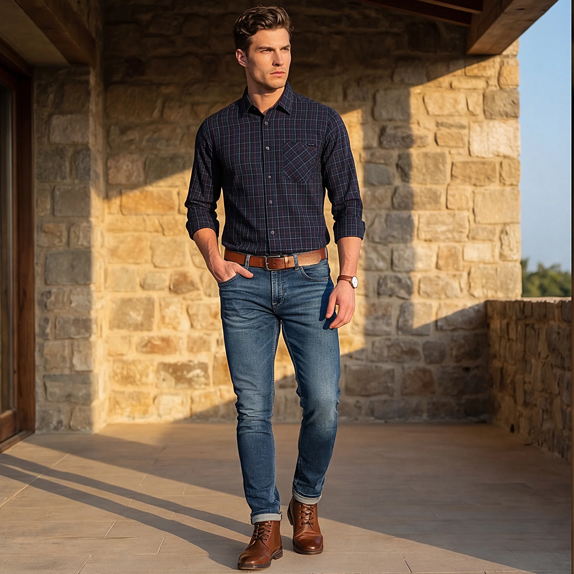 Full Sleeves Slim Fit Navy Checks Shirt