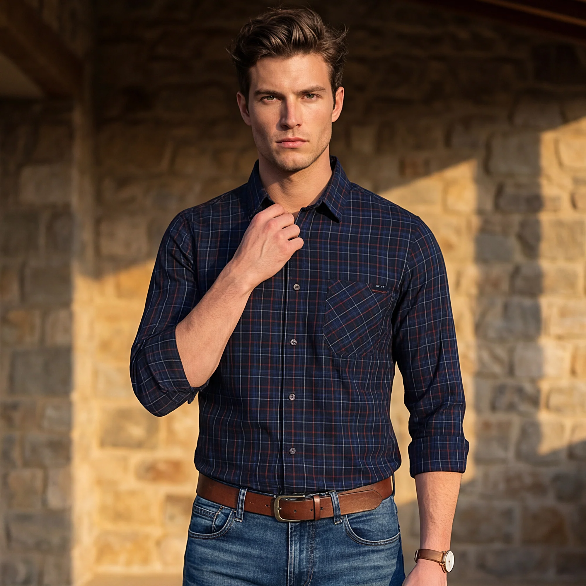 Full Sleeves Slim Fit Navy Checks Shirt - Image 2