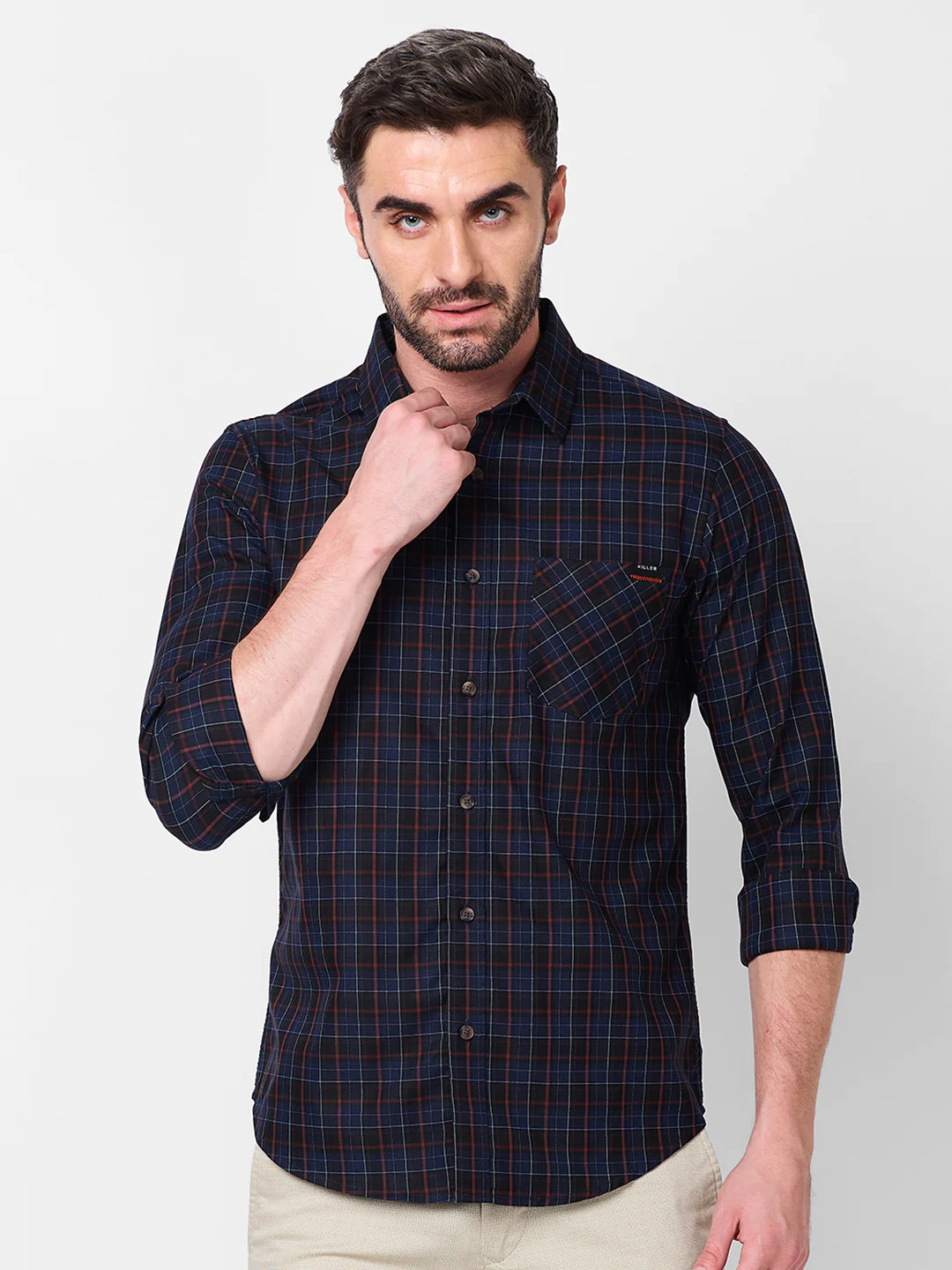Full Sleeves Slim Fit Navy Checks Shirt - Image 3
