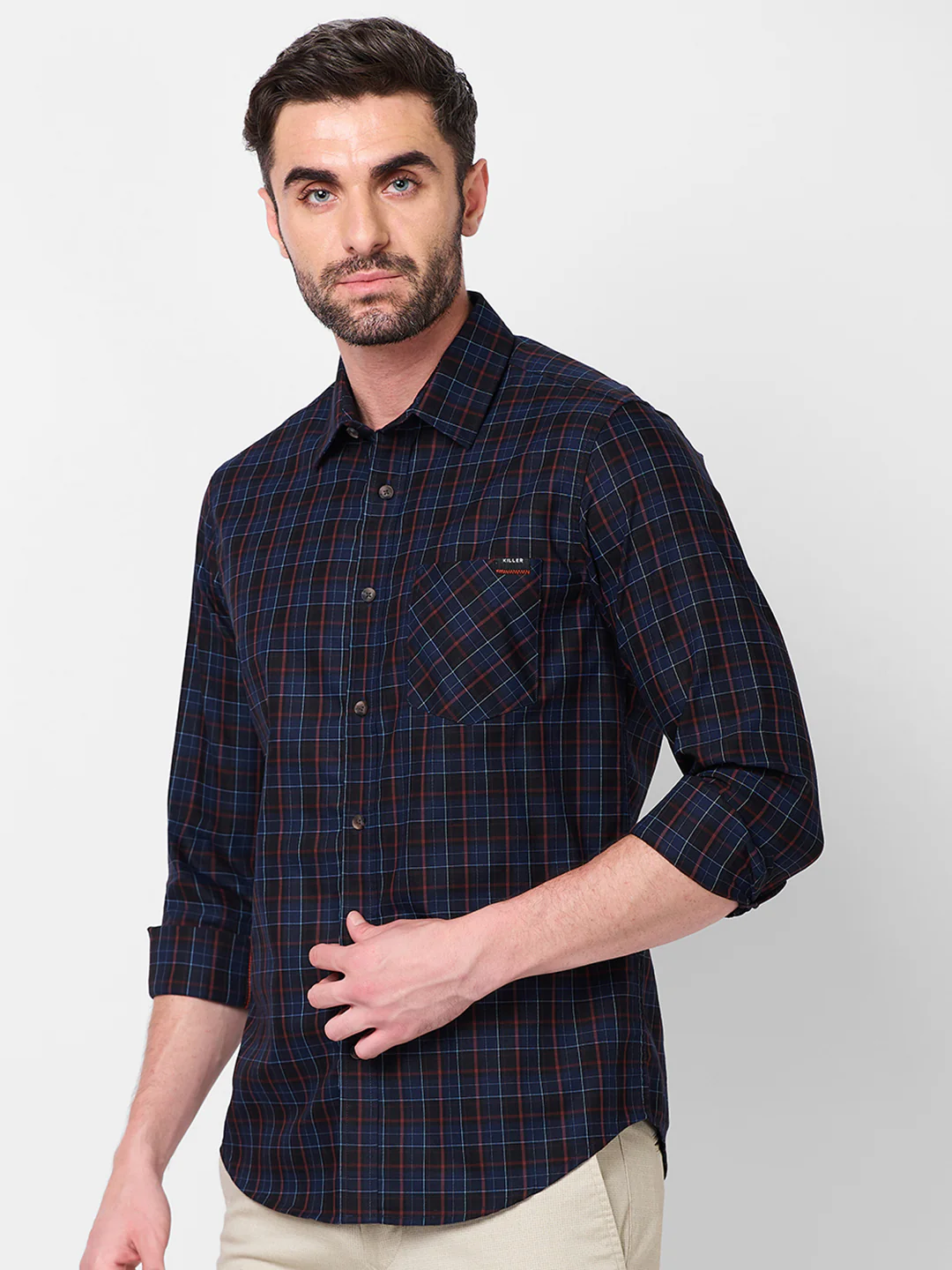 Full Sleeves Slim Fit Navy Checks Shirt - Image 6