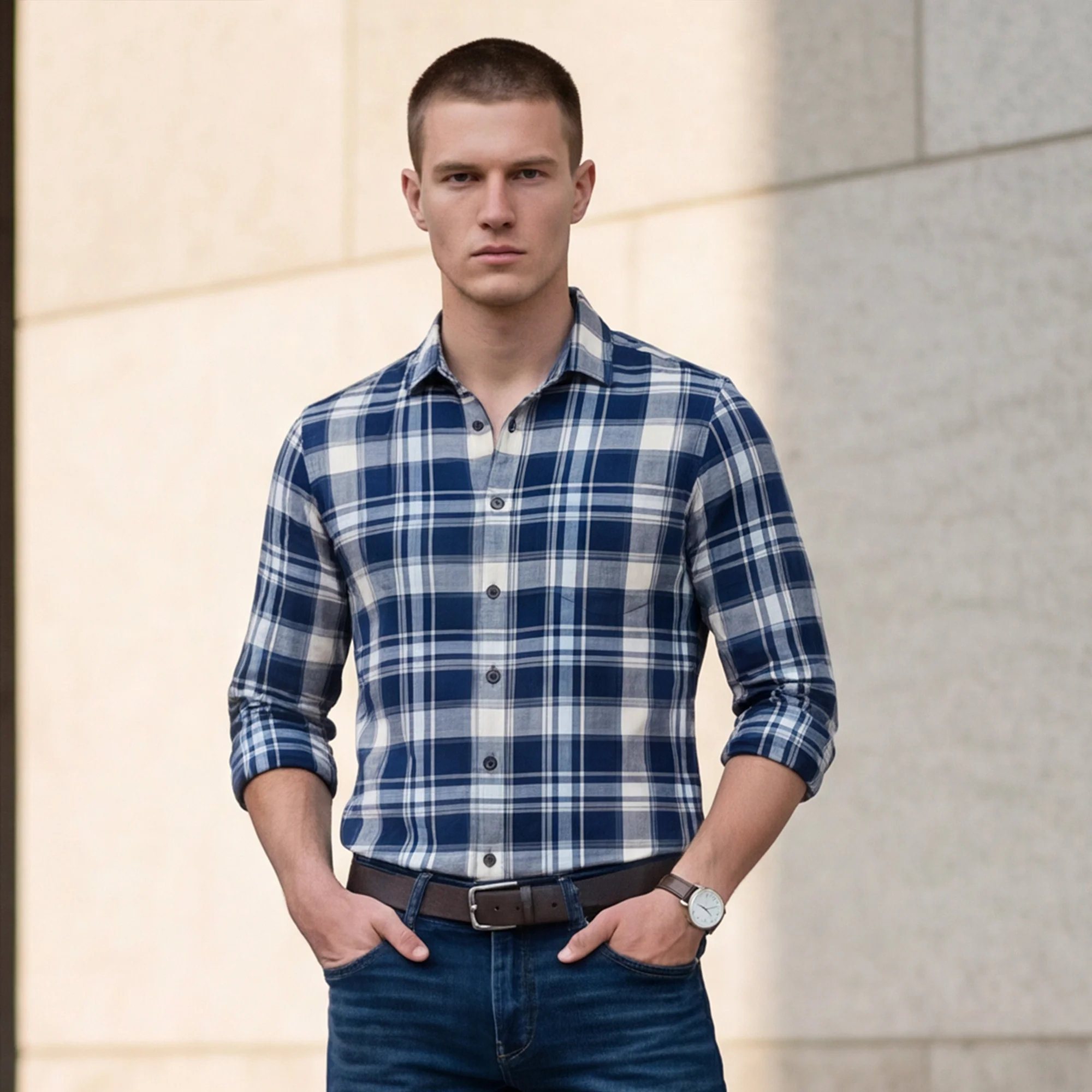 Full sleeves Slim Fit Navy Brushed Checks Shirt - Image 2