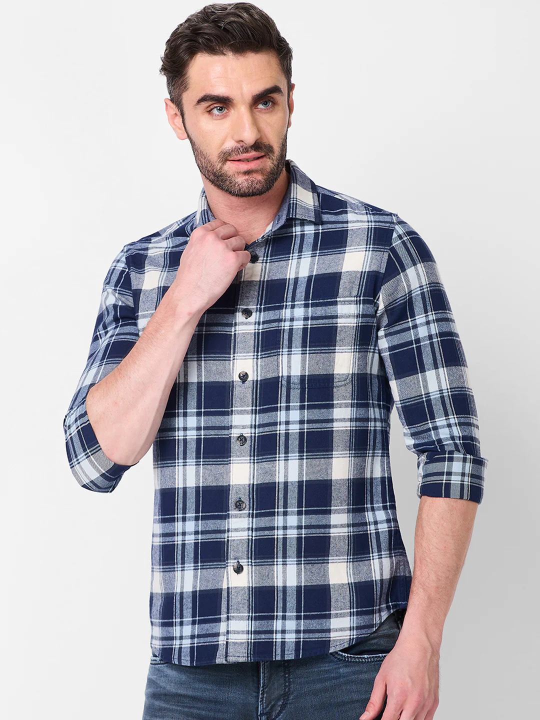 Full sleeves Slim Fit Navy Brushed Checks Shirt - Image 3