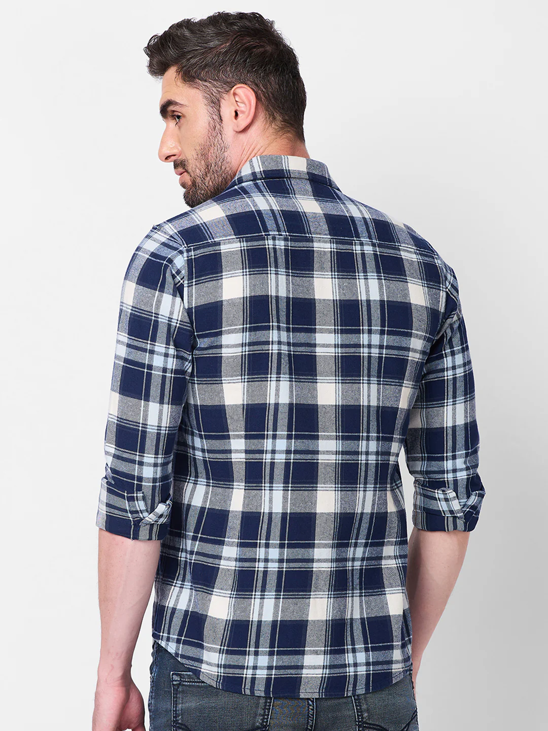 Full sleeves Slim Fit Navy Brushed Checks Shirt - Image 5