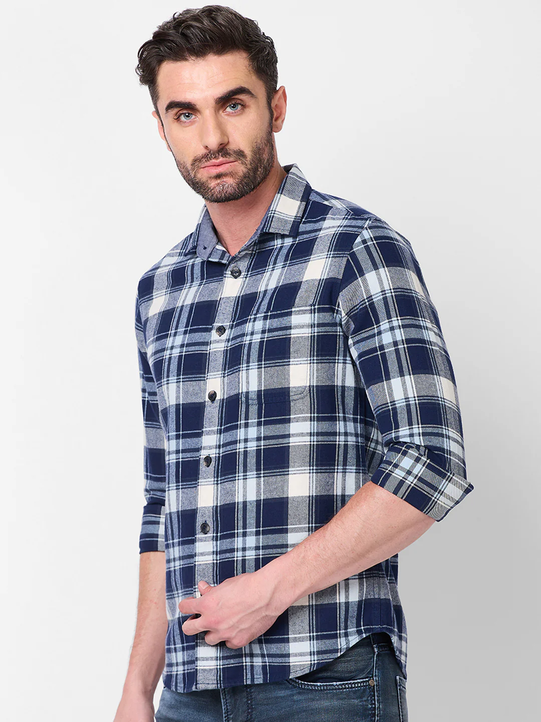 Full sleeves Slim Fit Navy Brushed Checks Shirt - Image 6