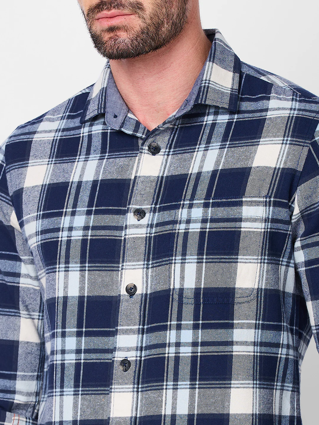 Full sleeves Slim Fit Navy Brushed Checks Shirt - Image 7