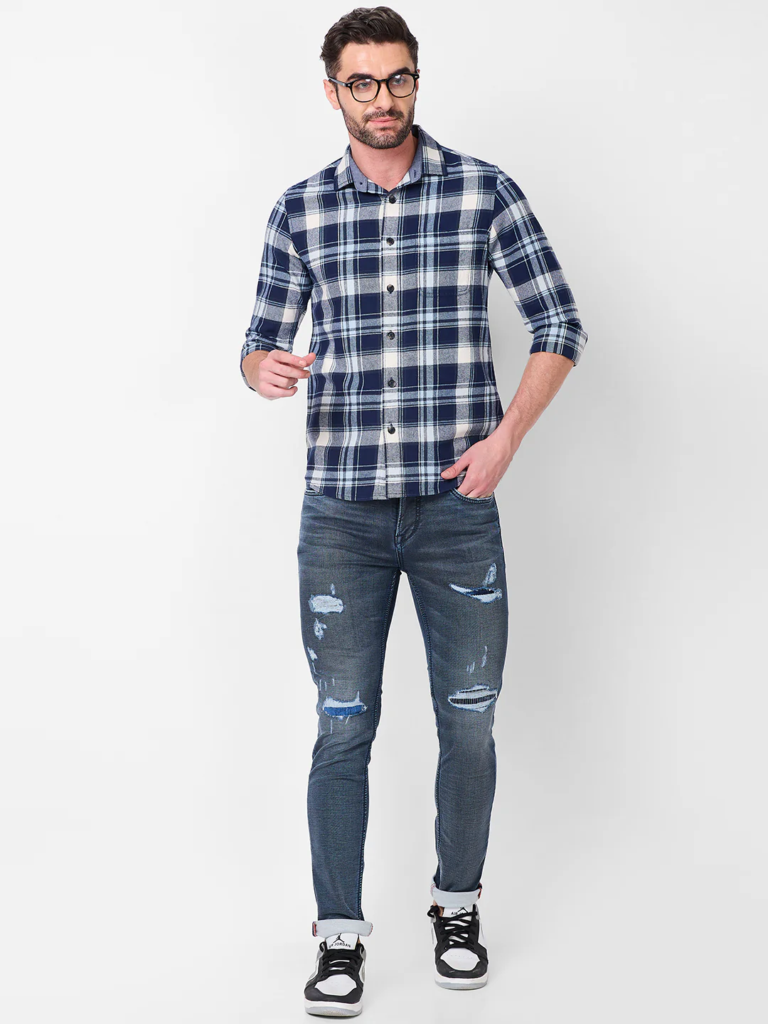 Full sleeves Slim Fit Navy Brushed Checks Shirt - Image 8