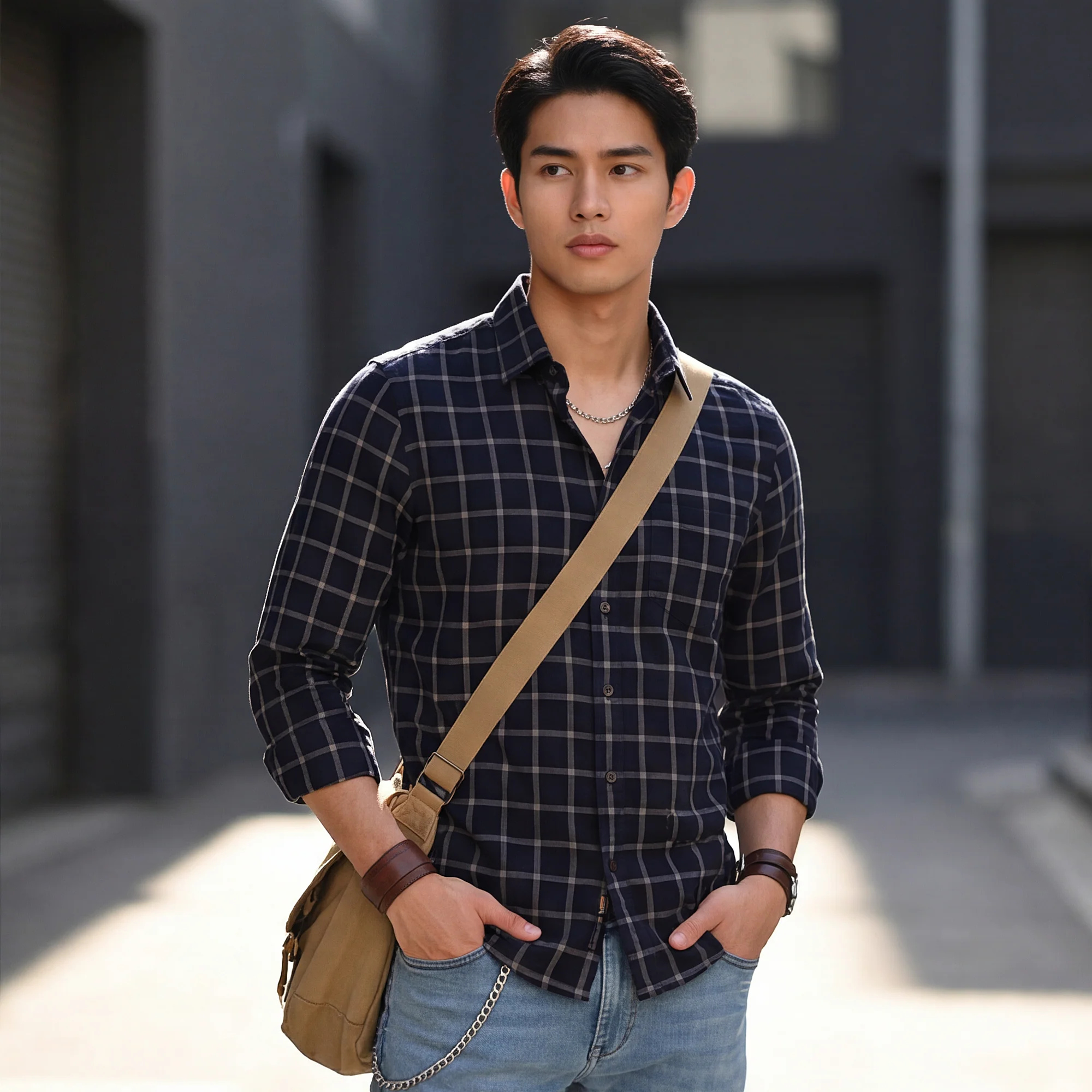 Full Sleeves Slim Fit Navy Fine Structured Checks Shirt - Image 2