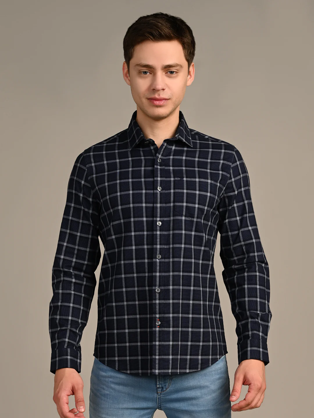 Full Sleeves Slim Fit Navy Fine Structured Checks Shirt - Image 4