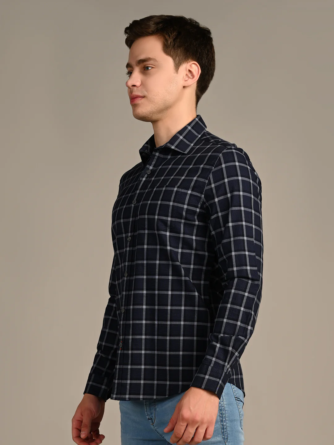 Full Sleeves Slim Fit Navy Fine Structured Checks Shirt - Image 5