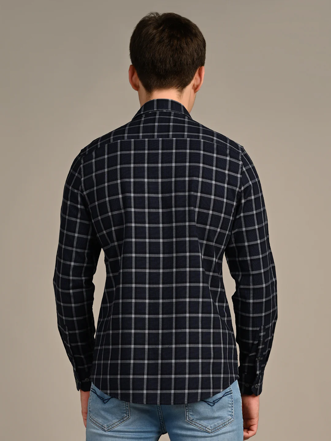 Full Sleeves Slim Fit Navy Fine Structured Checks Shirt - Image 7