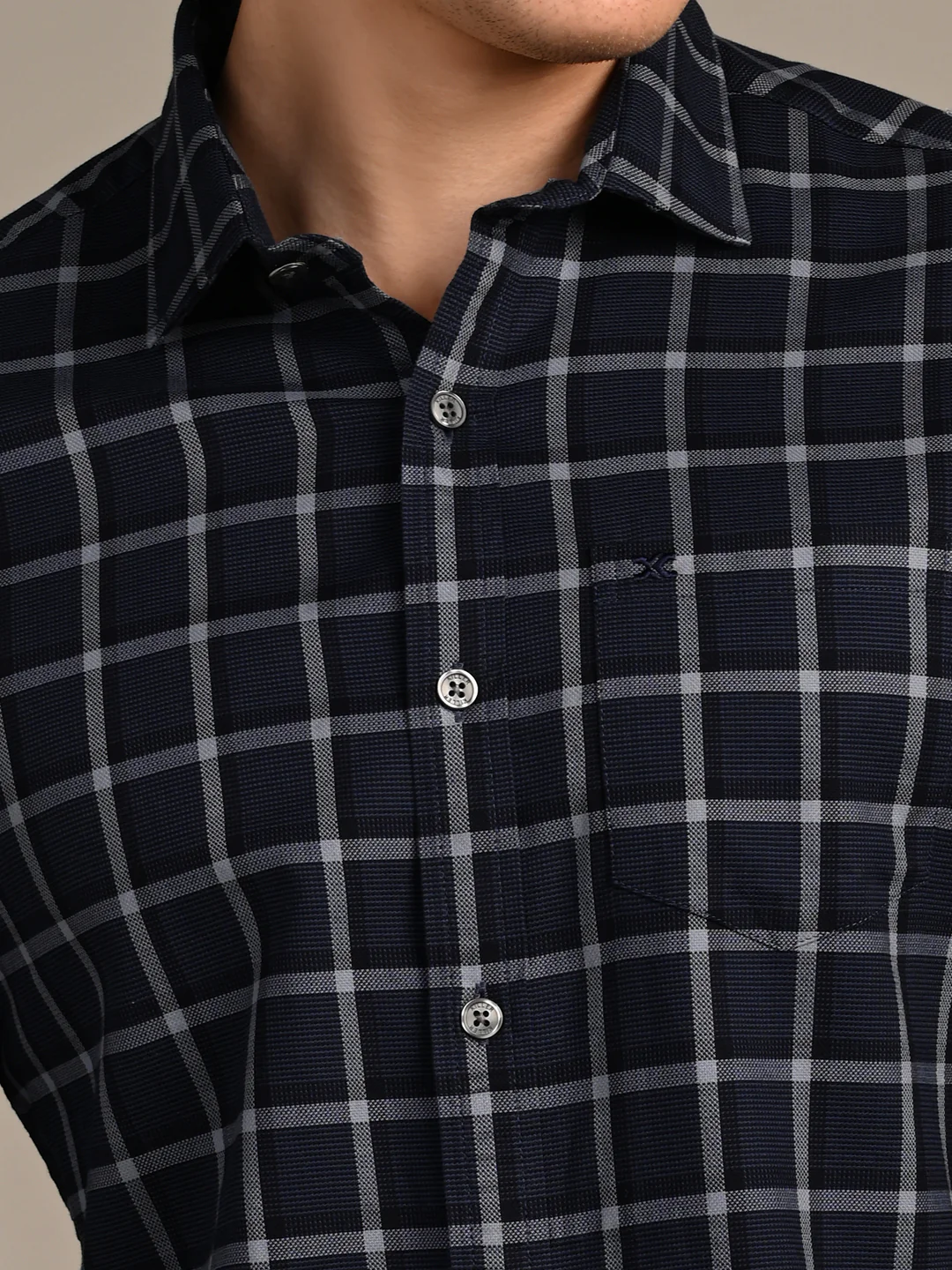 Full Sleeves Slim Fit Navy Fine Structured Checks Shirt - Image 8
