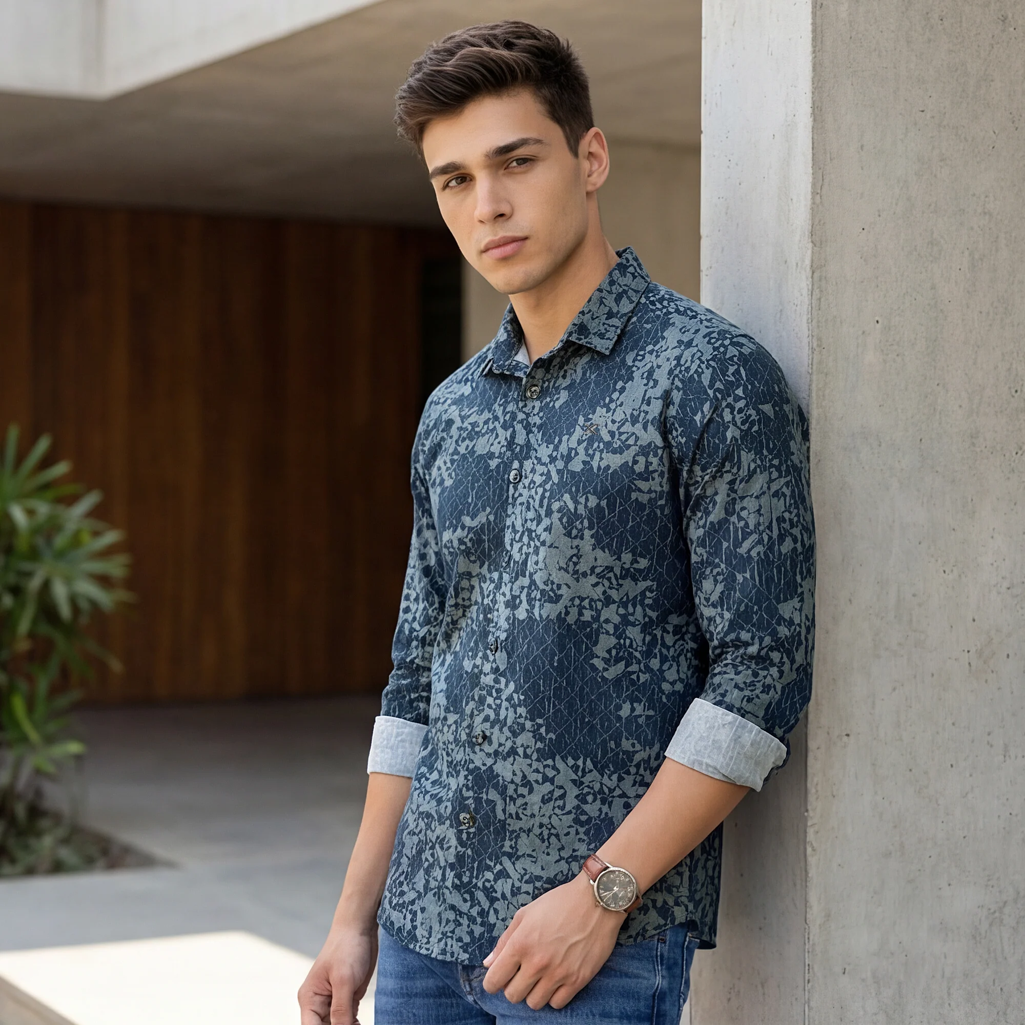 Full Sleeves Slim Fit Navy all-over Abstract Geometric print Shirt - Image 2
