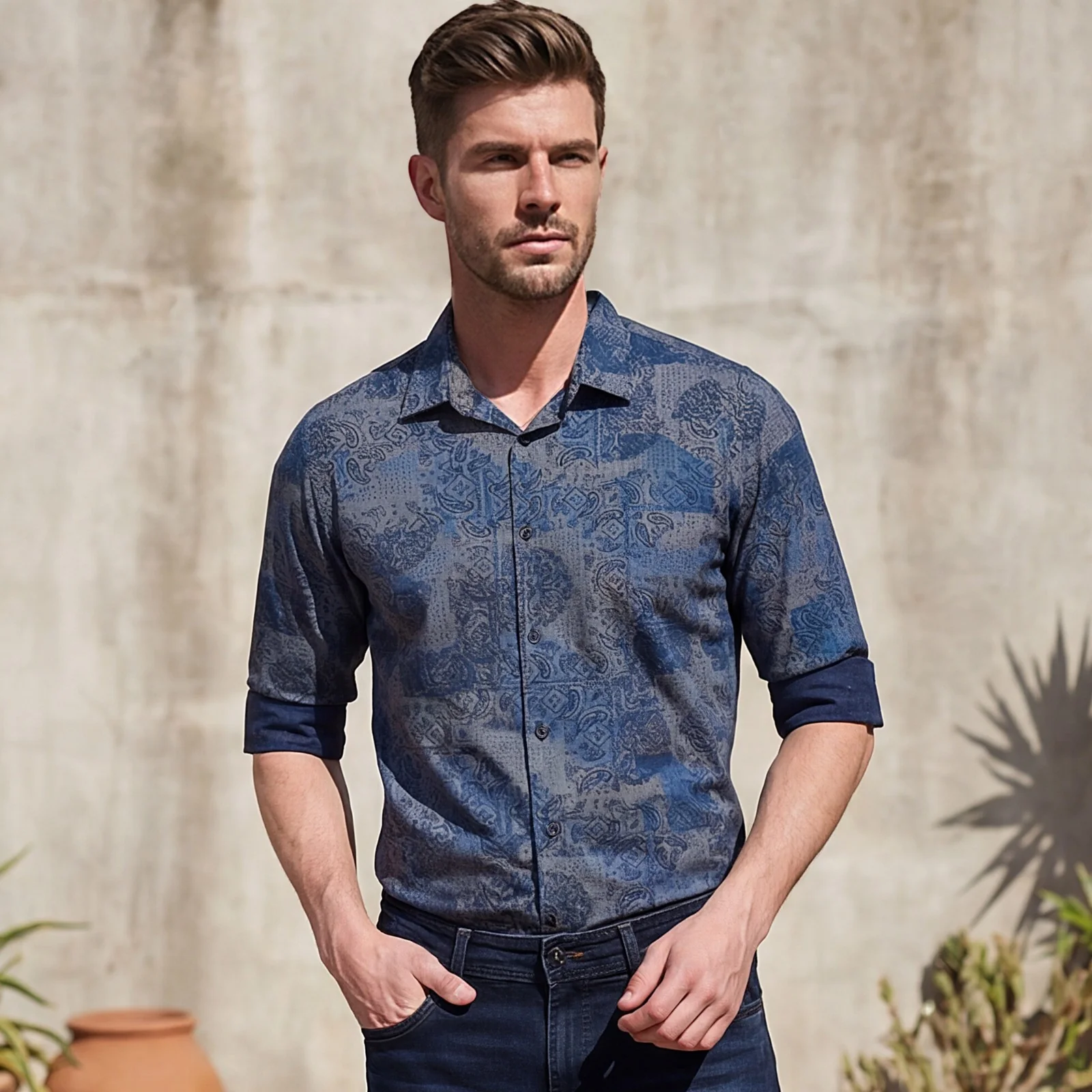 Full sleeves Slim Fit Navy all over Tonal Patchwork Paisley Print Shirt - Image 2