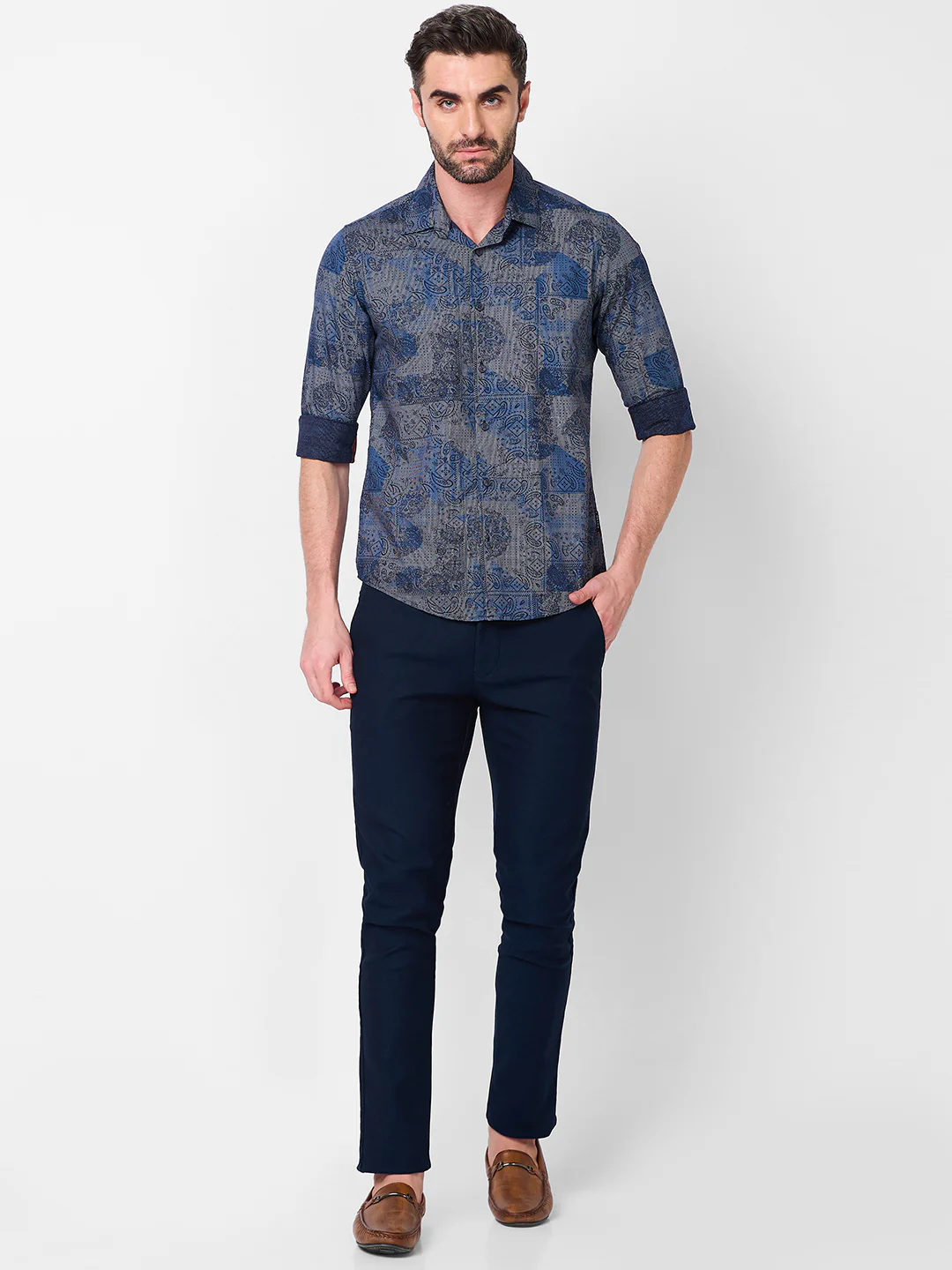 Full sleeves Slim Fit Navy all over Tonal Patchwork Paisley Print Shirt - Image 4
