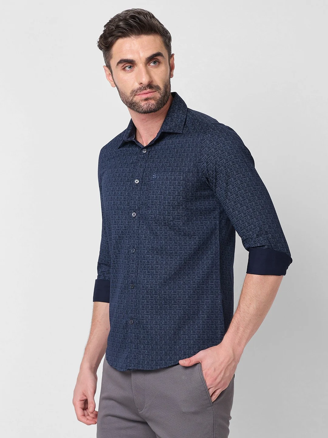 Full sleeves Slim Fit Navy All-Over Micro Geometric Print Shirt - Image 6