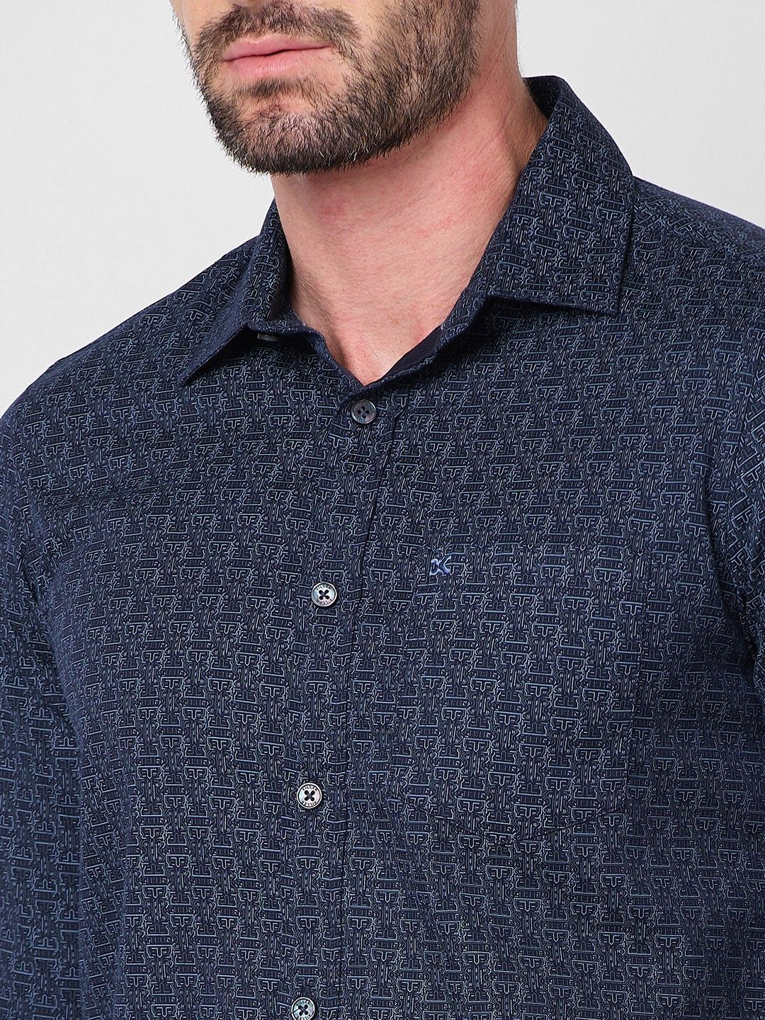 Full sleeves Slim Fit Navy All-Over Micro Geometric Print Shirt - Image 7
