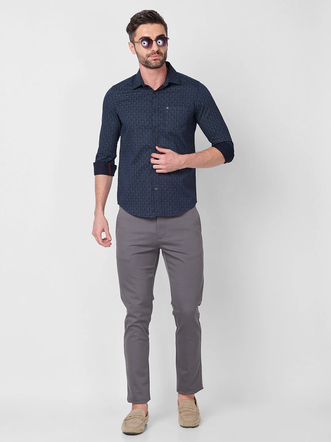 Full sleeves Slim Fit Navy All-Over Micro Geometric Print Shirt - Image 8