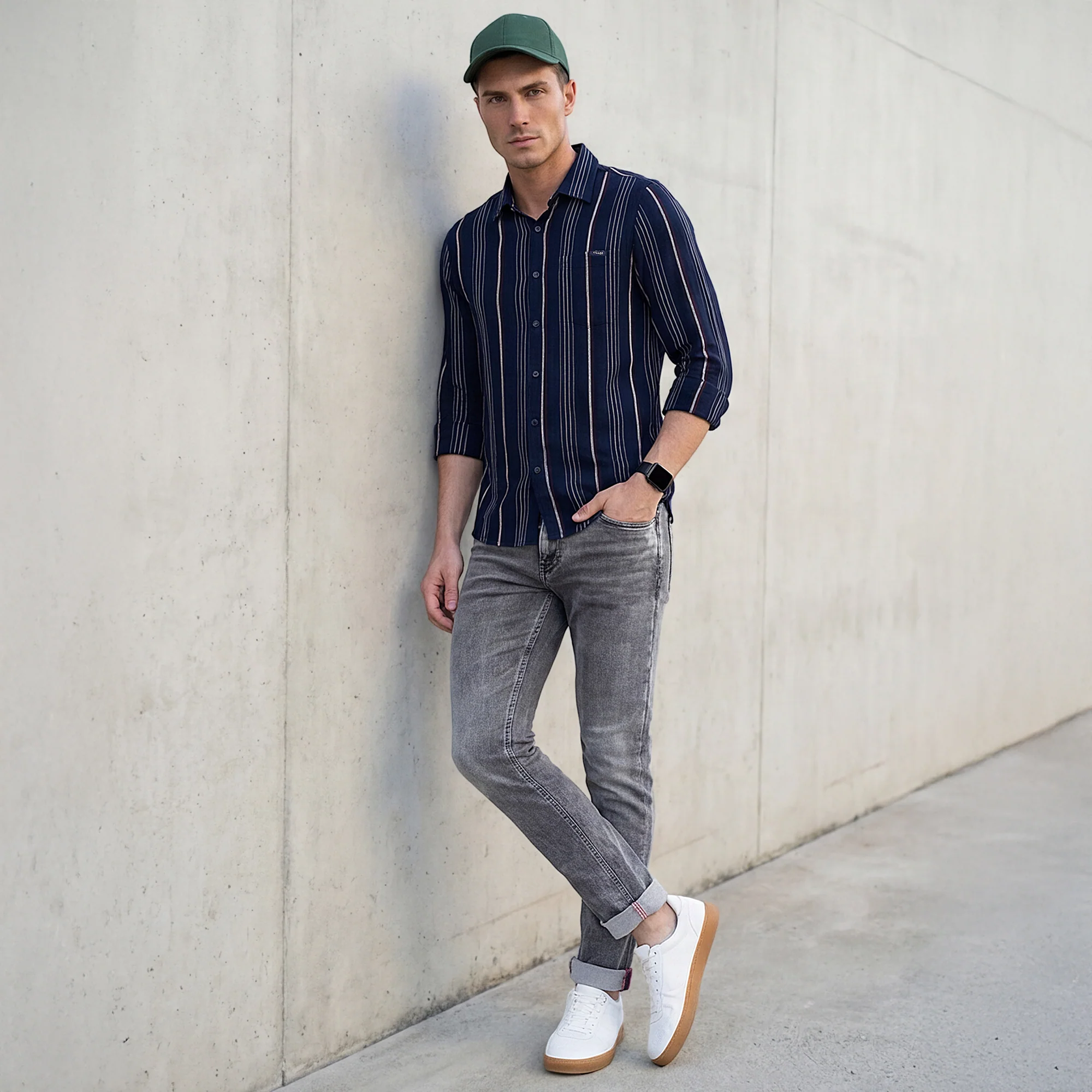 Full Sleeves Slim Fit Navy Structure Stripe Shirt