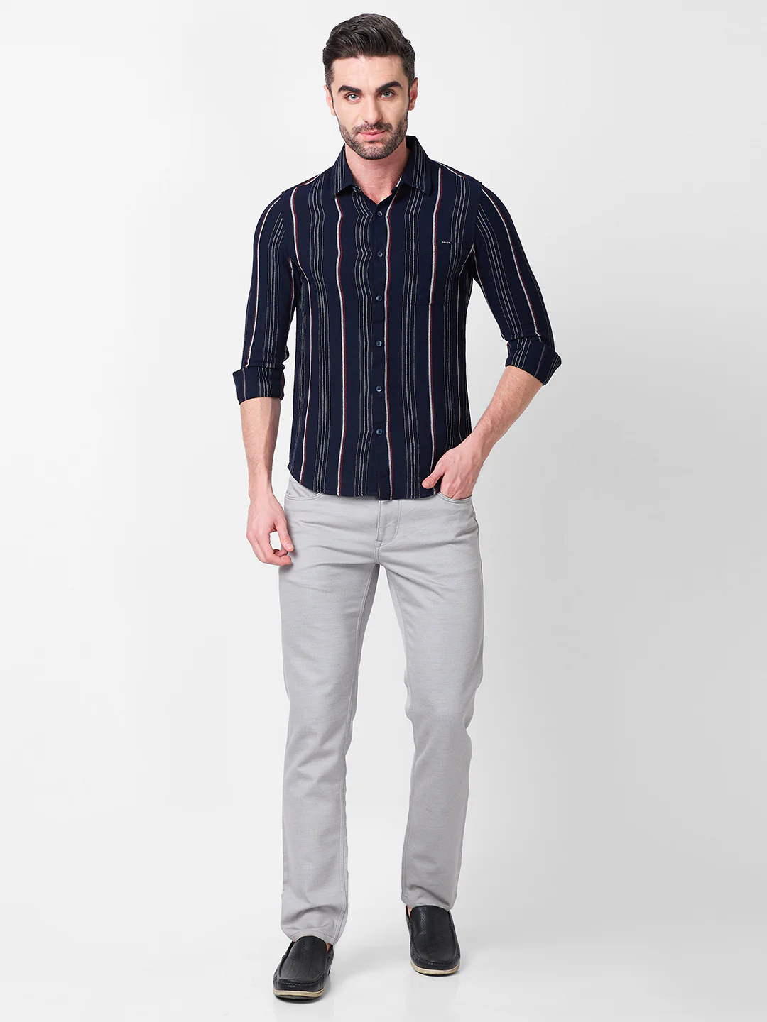 Full Sleeves Slim Fit Navy Structure Stripe Shirt - Image 4