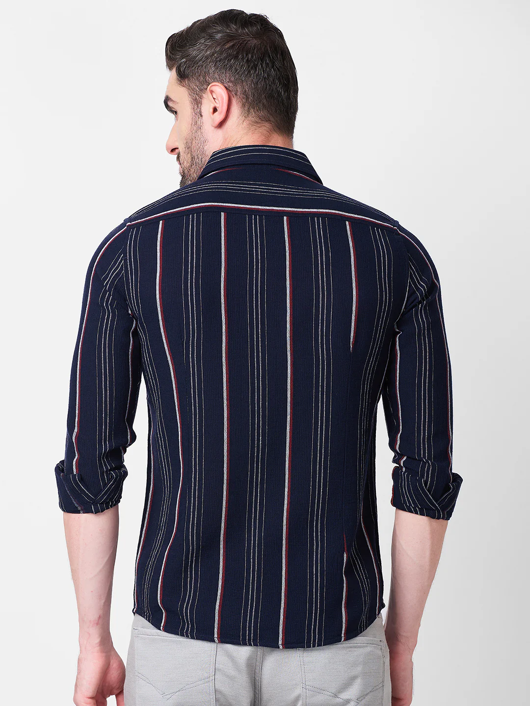 Full Sleeves Slim Fit Navy Structure Stripe Shirt - Image 5