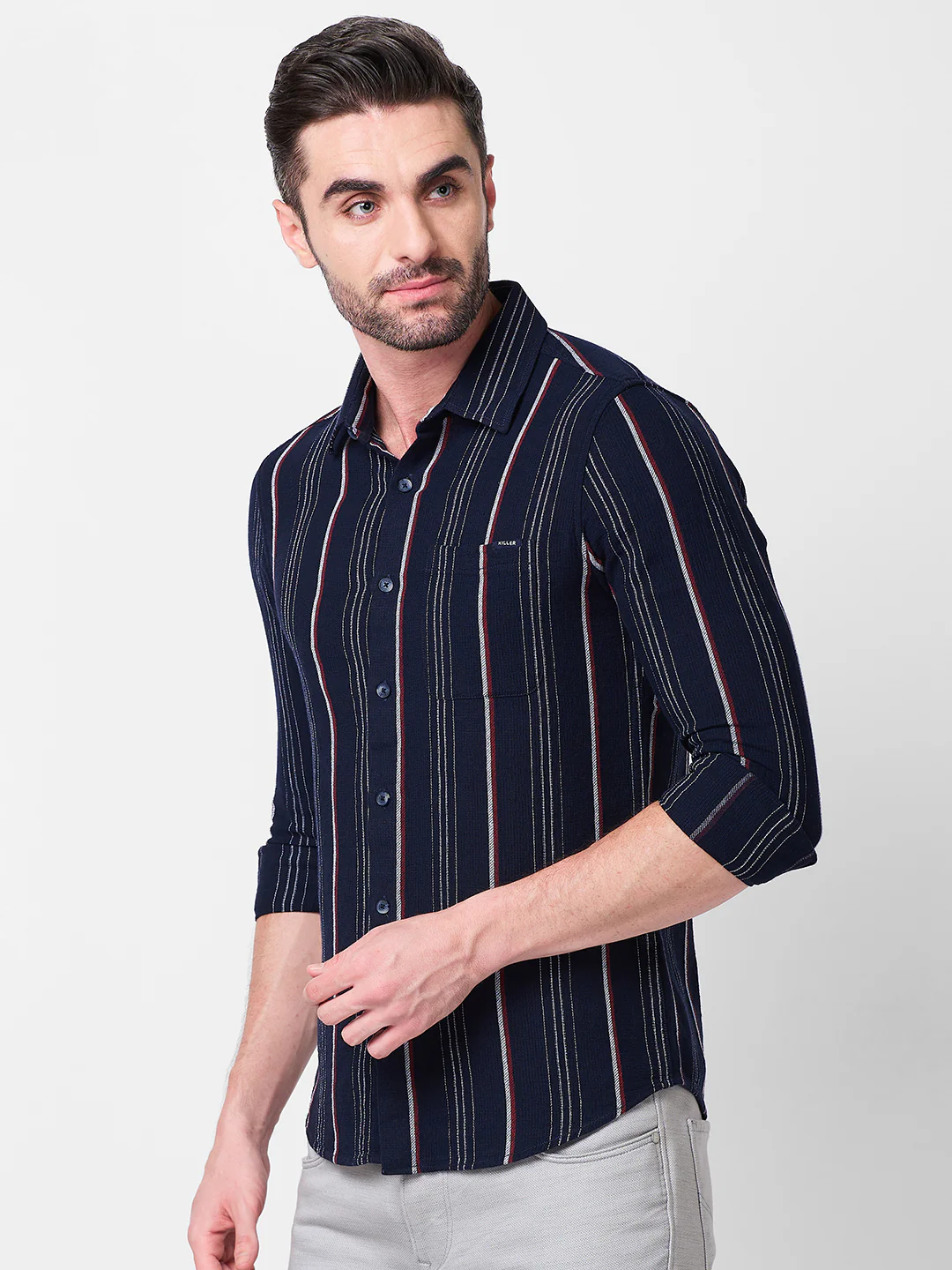 Full Sleeves Slim Fit Navy Structure Stripe Shirt - Image 6