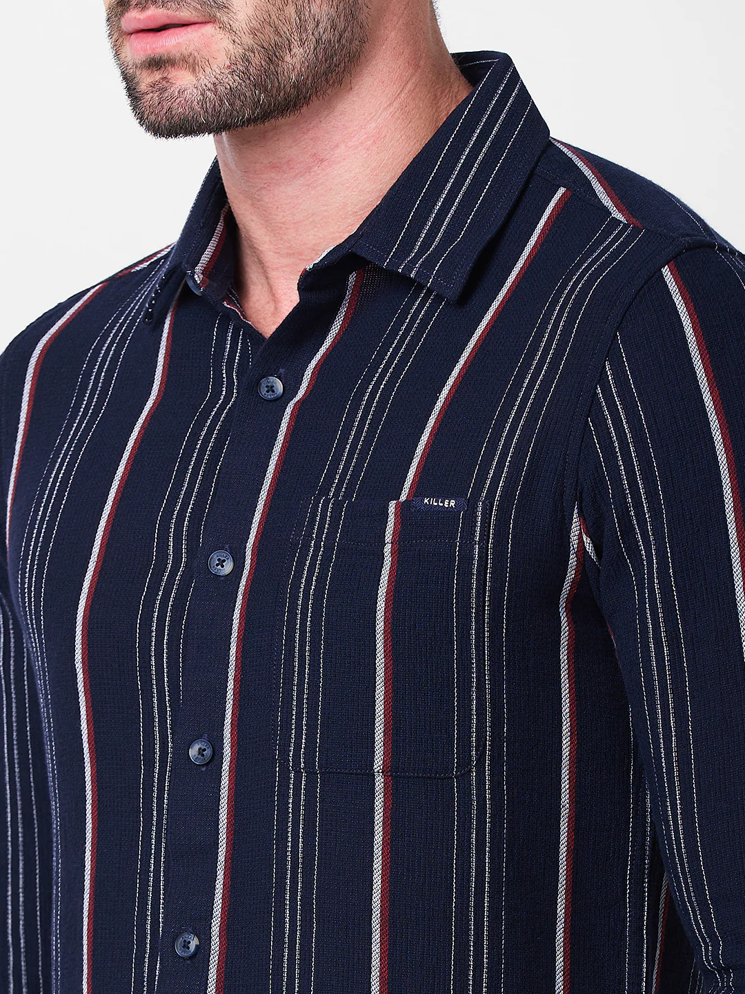 Full Sleeves Slim Fit Navy Structure Stripe Shirt - Image 7