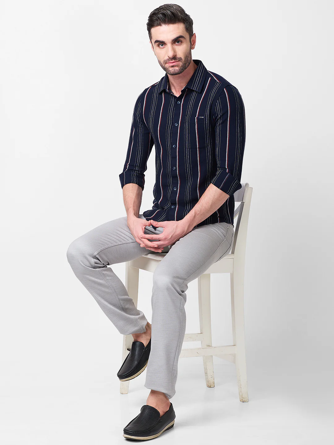 Full Sleeves Slim Fit Navy Structure Stripe Shirt - Image 8
