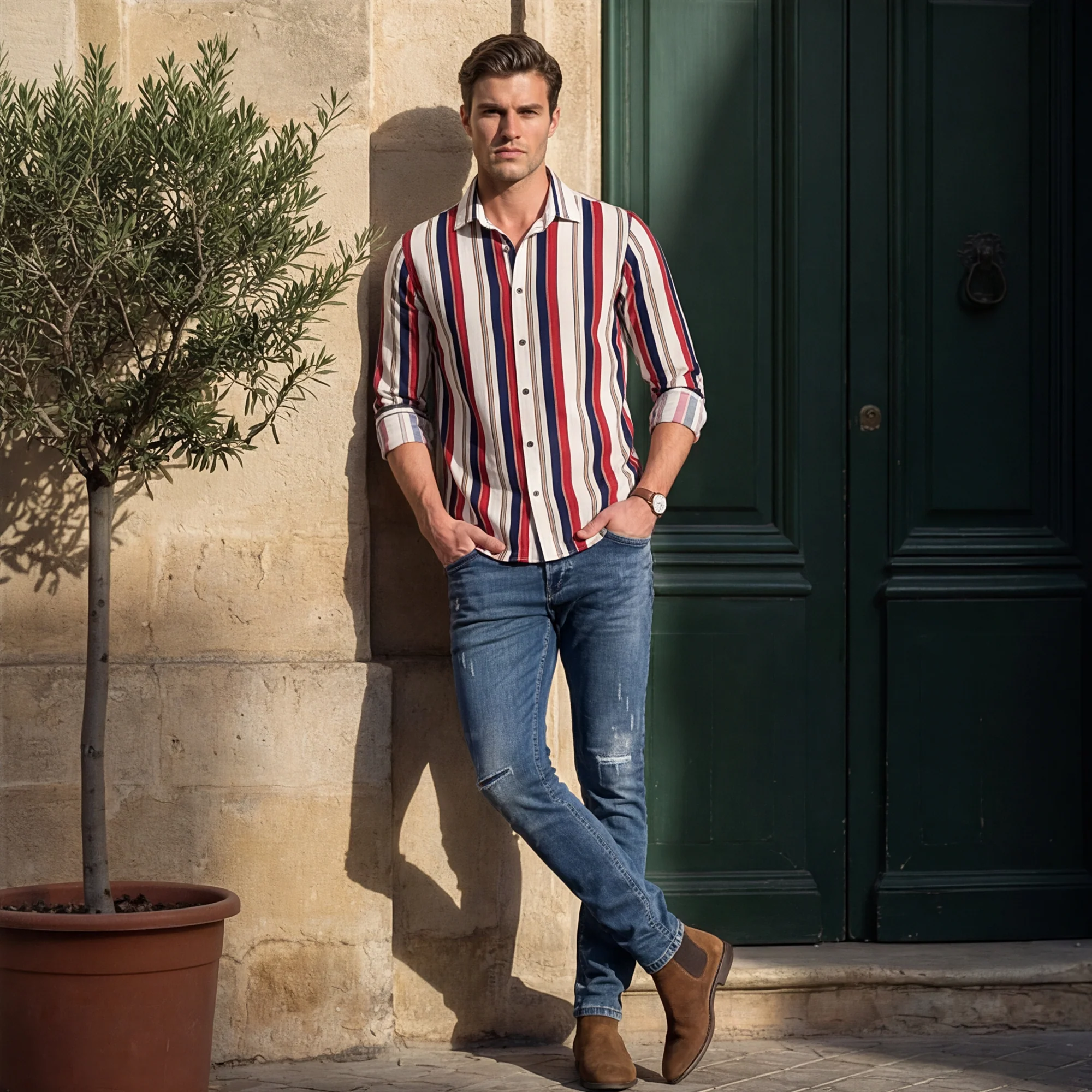 Full sleeves Slim Fit Navy Dobby Structure Striper Print Shirt
