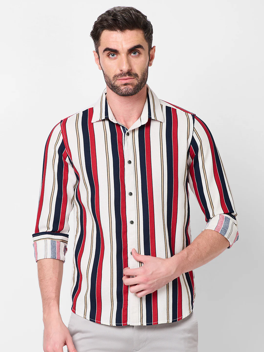 Full sleeves Slim Fit Navy Dobby Structure Striper Print Shirt - Image 3