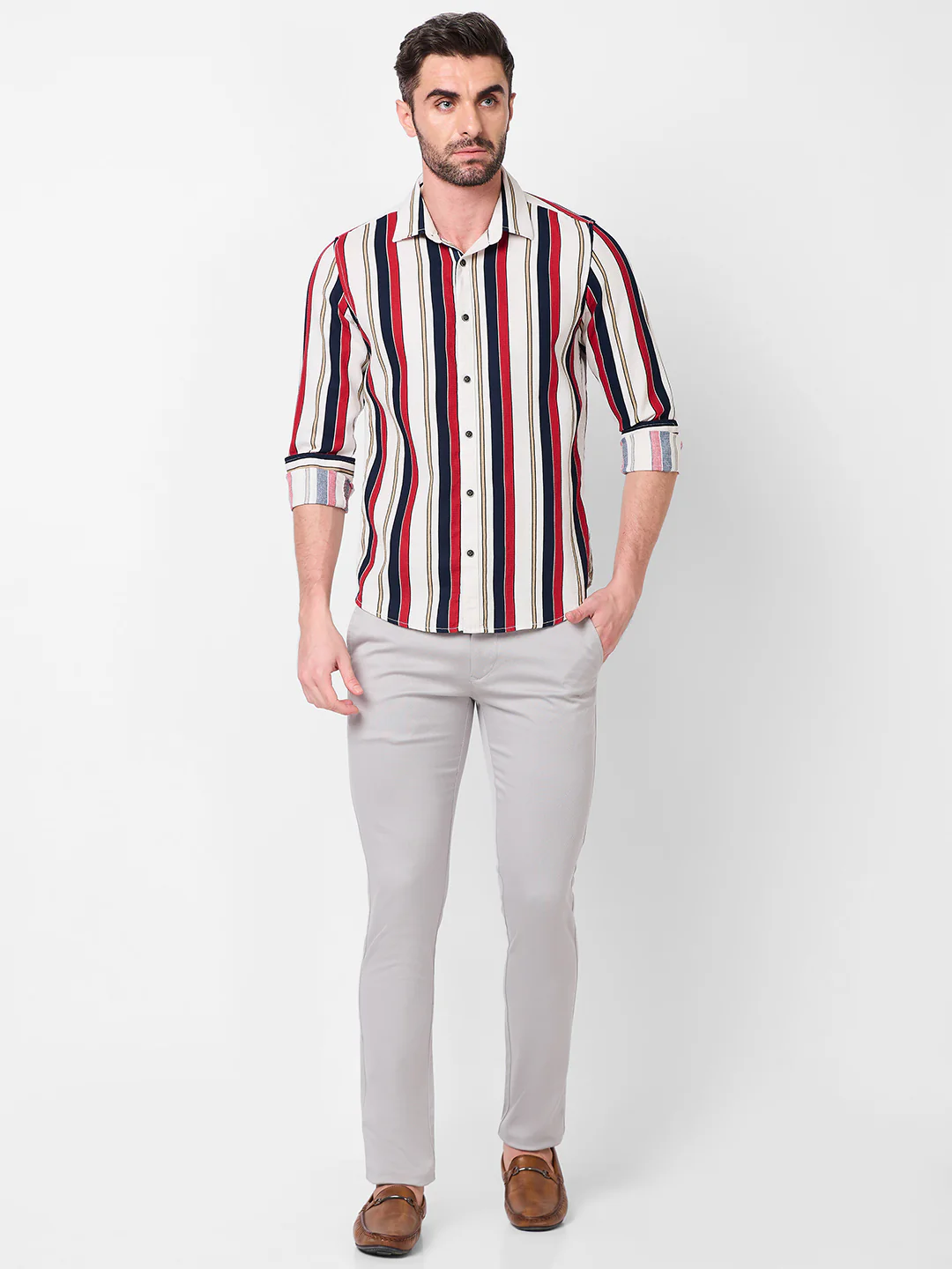 Full sleeves Slim Fit Navy Dobby Structure Striper Print Shirt - Image 4