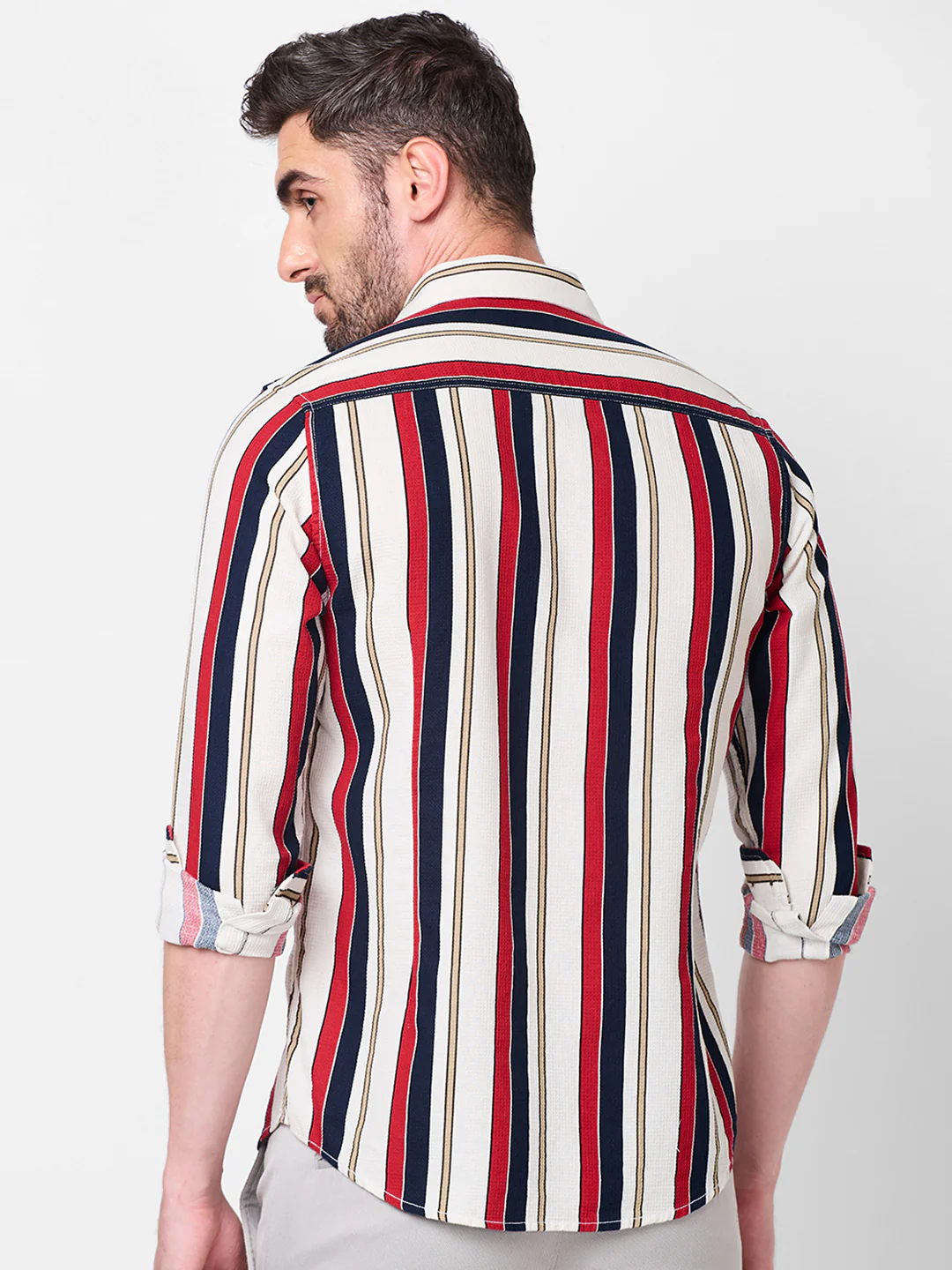 Full sleeves Slim Fit Navy Dobby Structure Striper Print Shirt - Image 5
