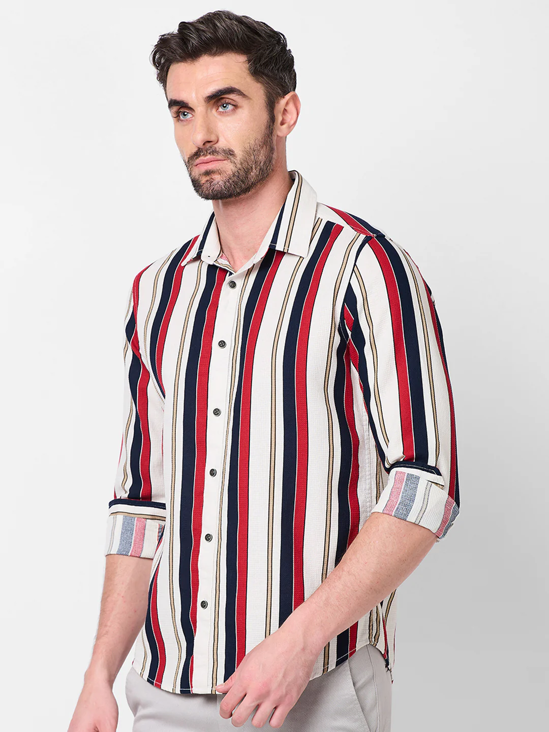Full sleeves Slim Fit Navy Dobby Structure Striper Print Shirt - Image 6