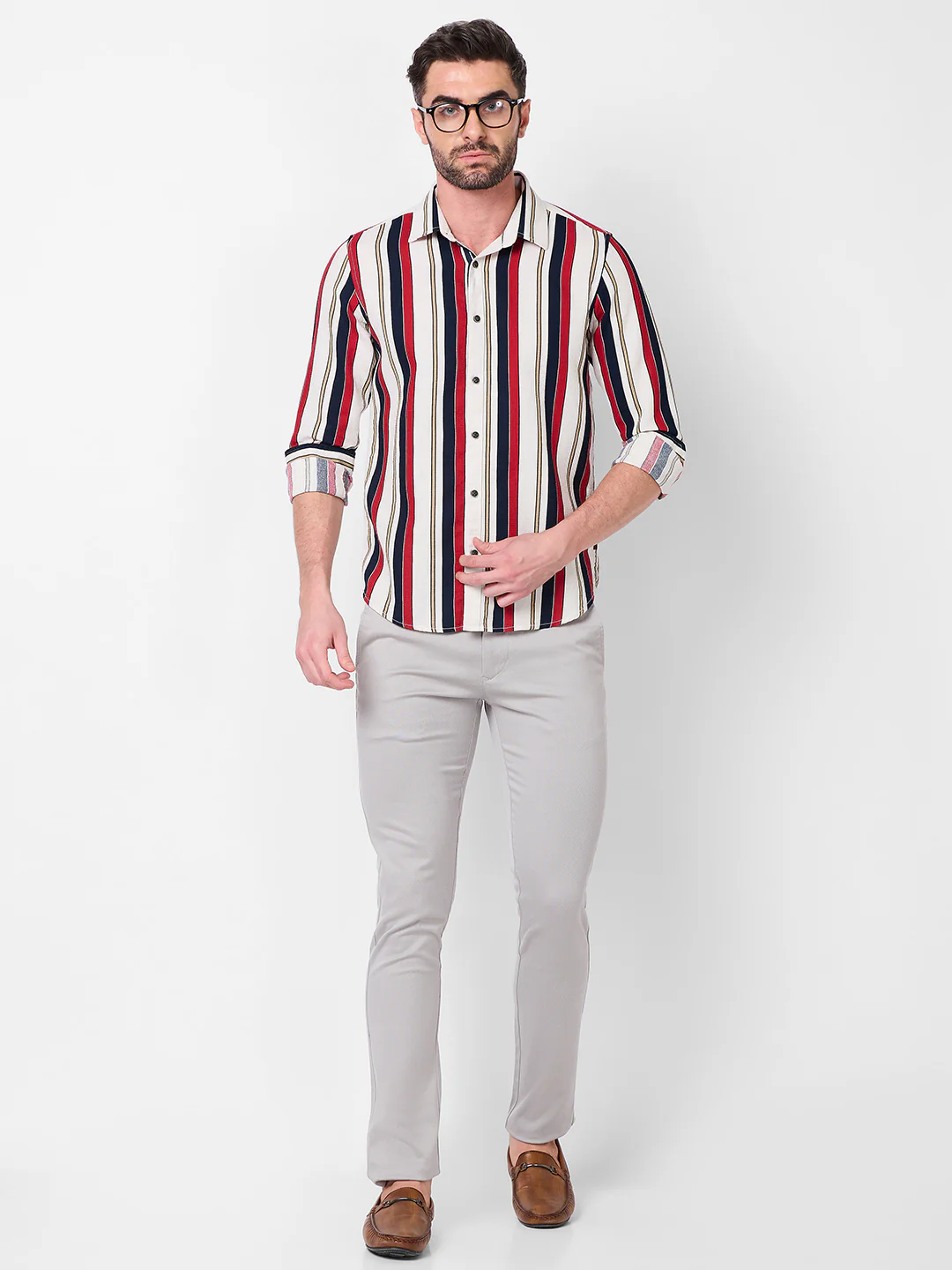 Full sleeves Slim Fit Navy Dobby Structure Striper Print Shirt - Image 8
