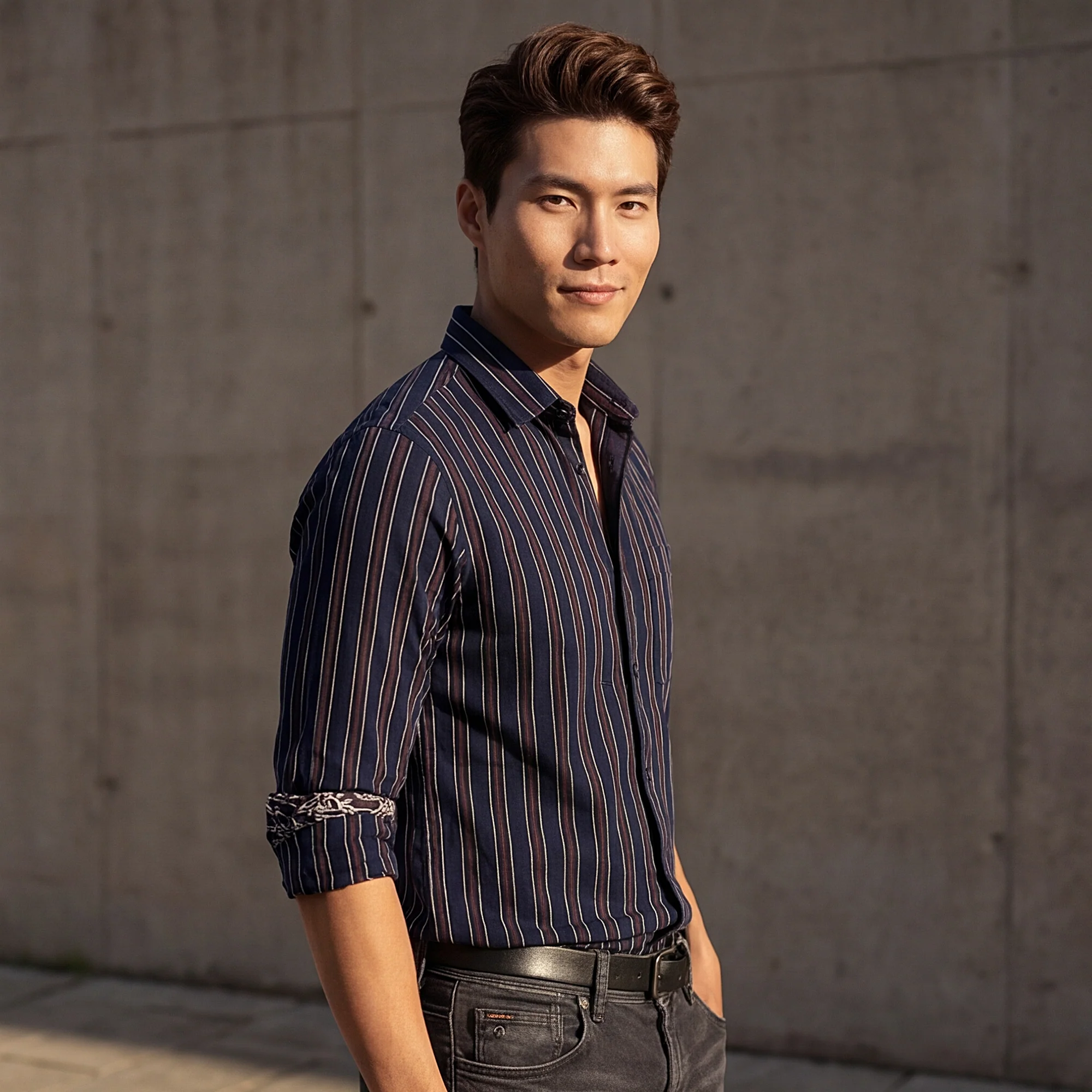 Full sleeves Slim Fit Navy Structured Striper Shirt - Image 2