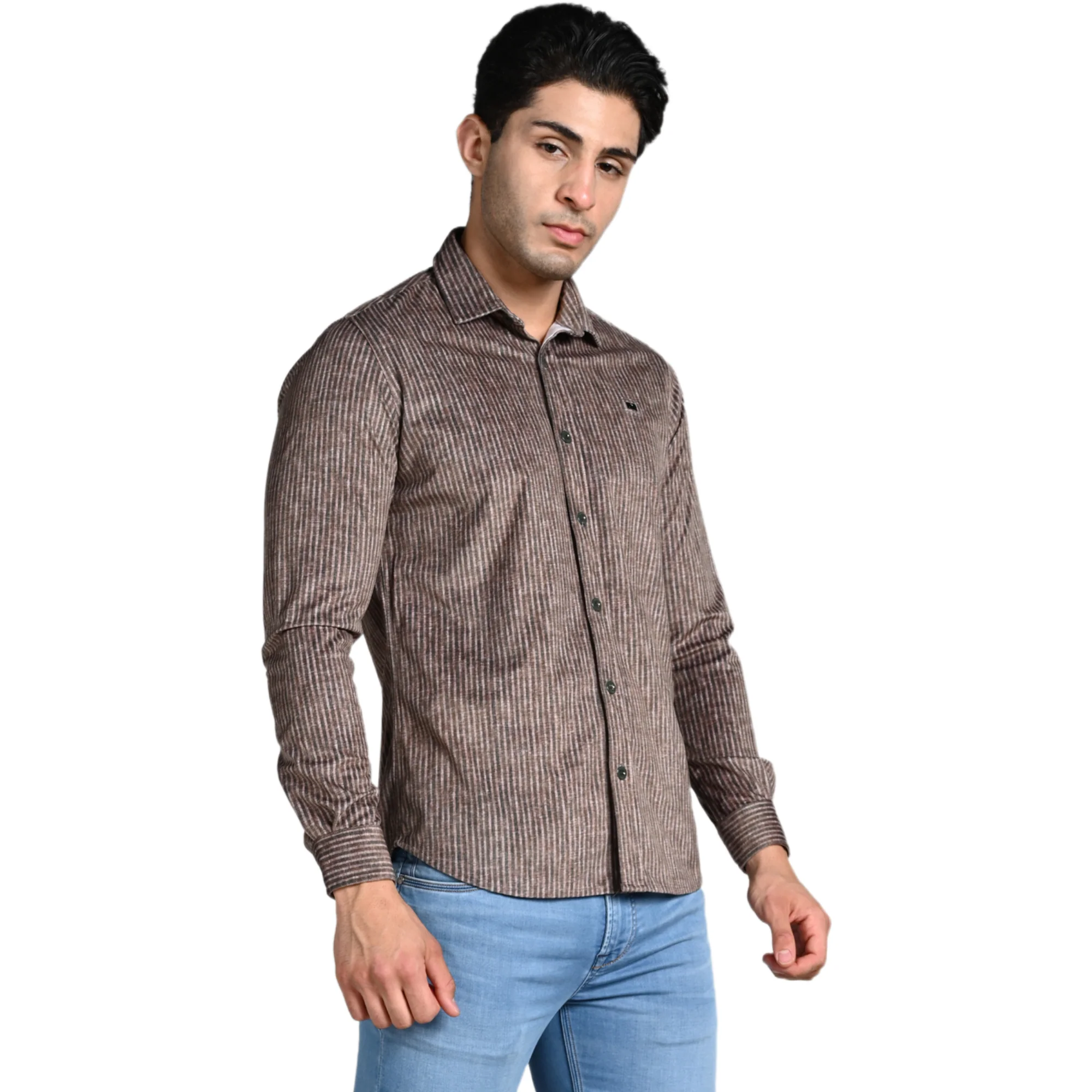 Full Sleeves Slim Fit Brown Grunge Stripe Uncut Corduroy Print Shirt - Image 3