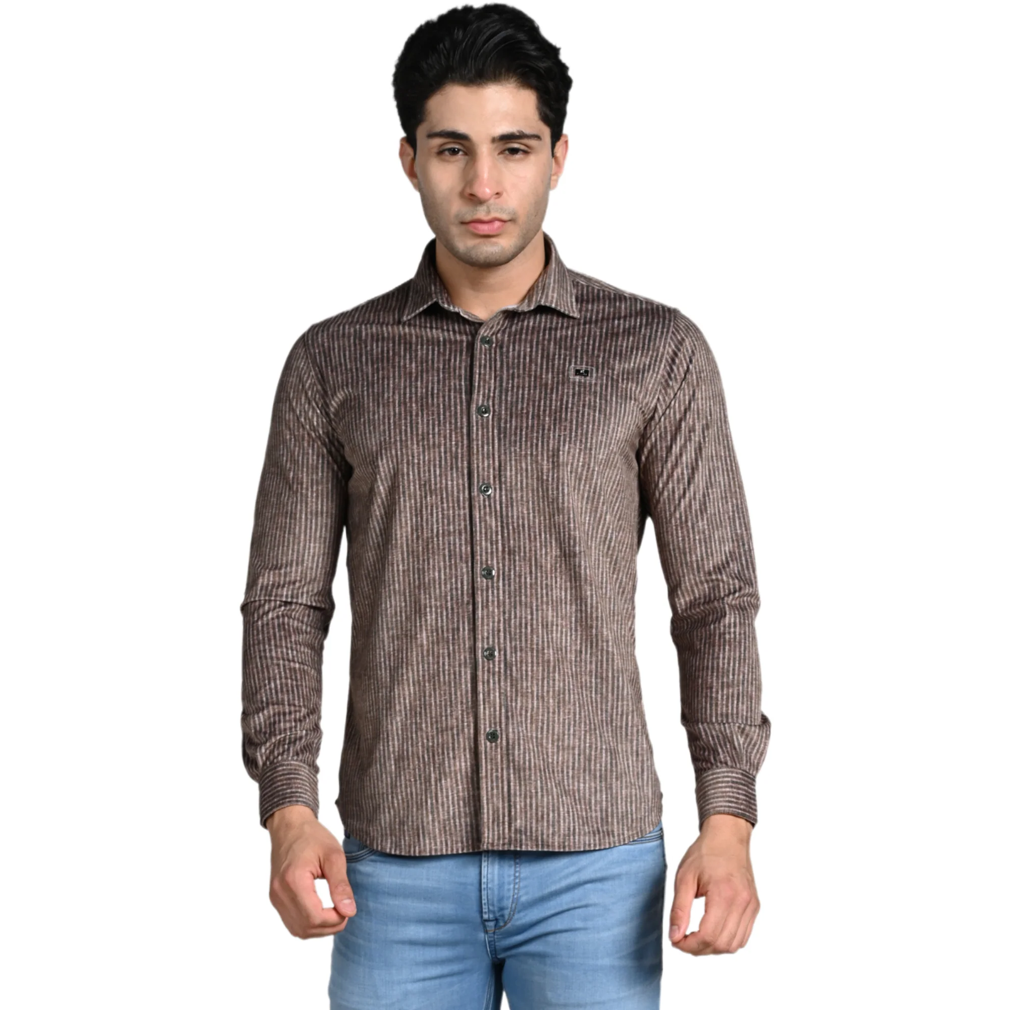 Full Sleeves Slim Fit Brown Grunge Stripe Uncut Corduroy Print Shirt - Image 4