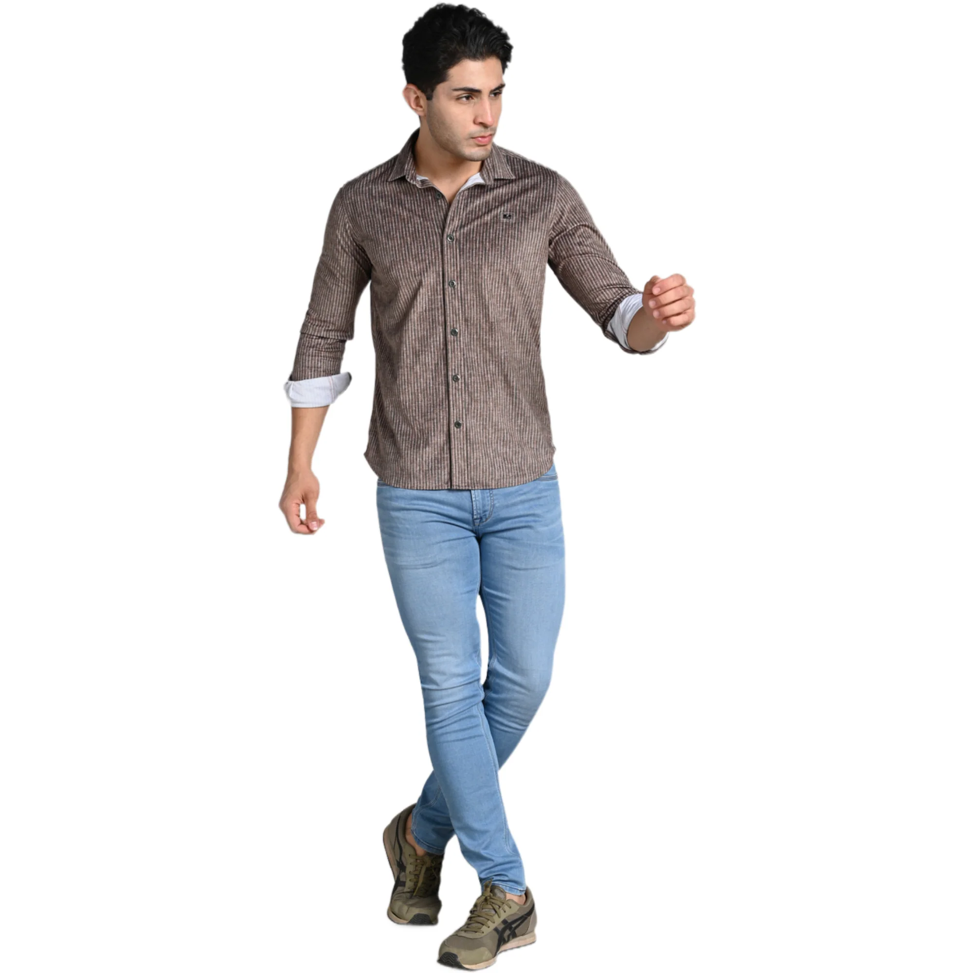 Full Sleeves Slim Fit Brown Grunge Stripe Uncut Corduroy Print Shirt - Image 5