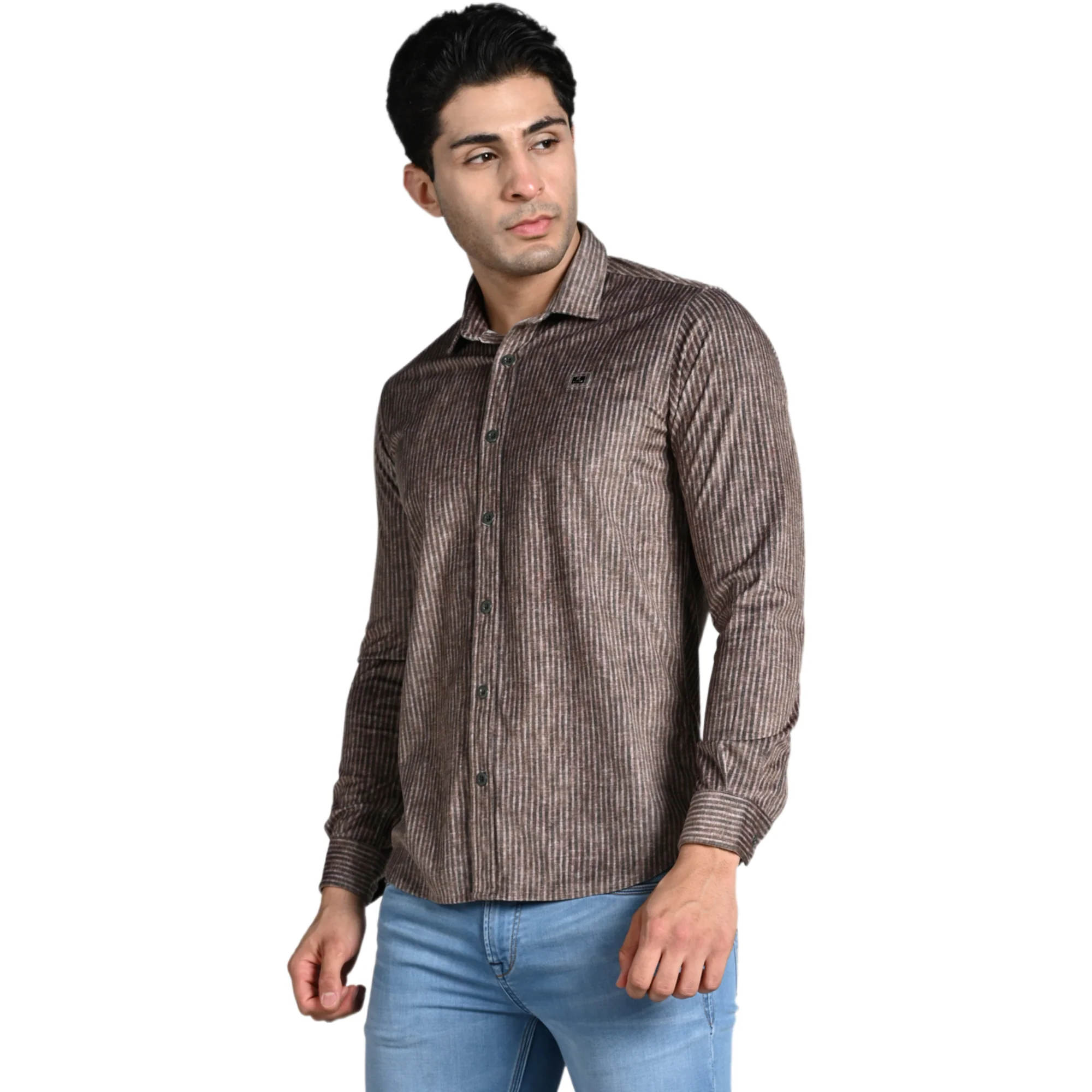 Full Sleeves Slim Fit Brown Grunge Stripe Uncut Corduroy Print Shirt - Image 6