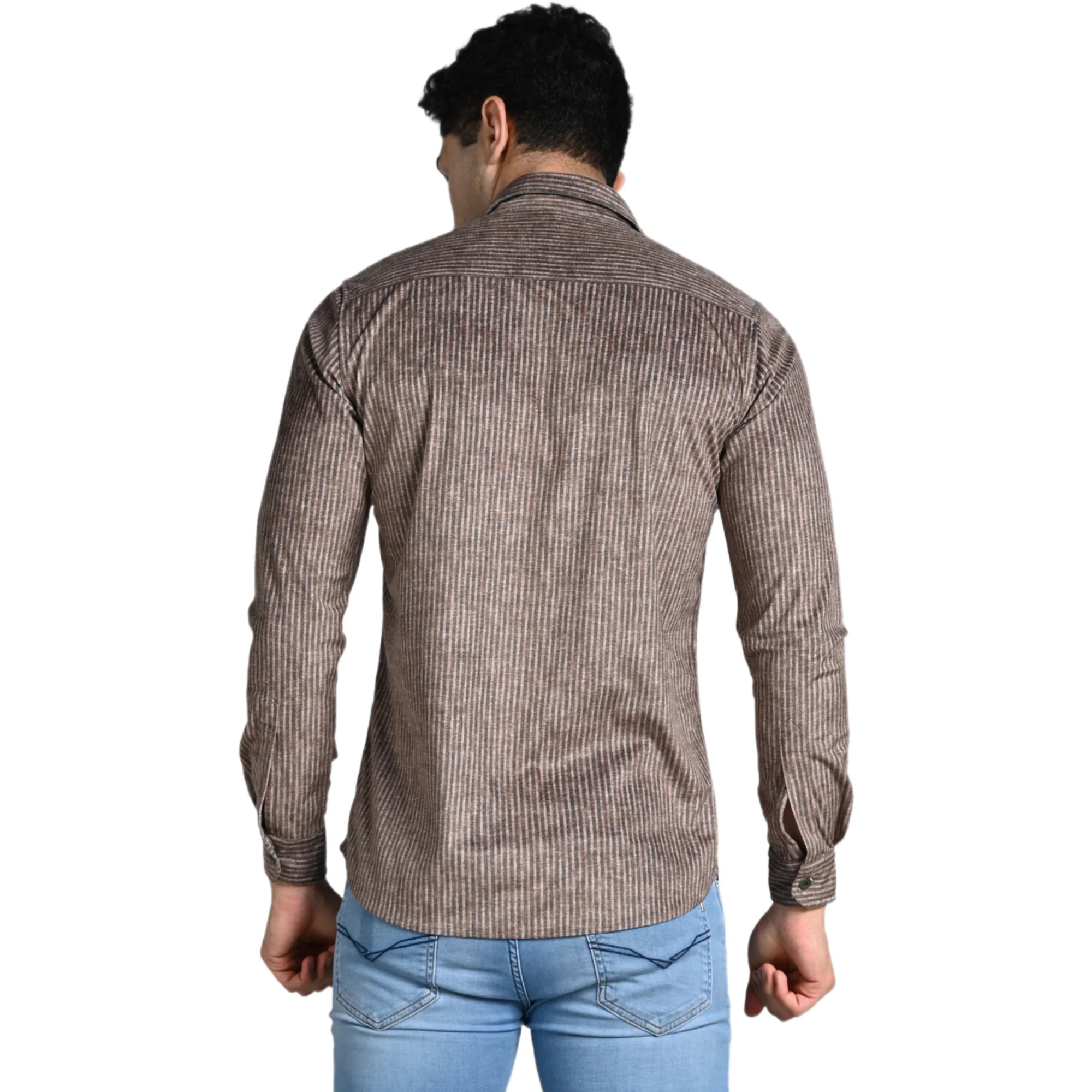 Full Sleeves Slim Fit Brown Grunge Stripe Uncut Corduroy Print Shirt - Image 7