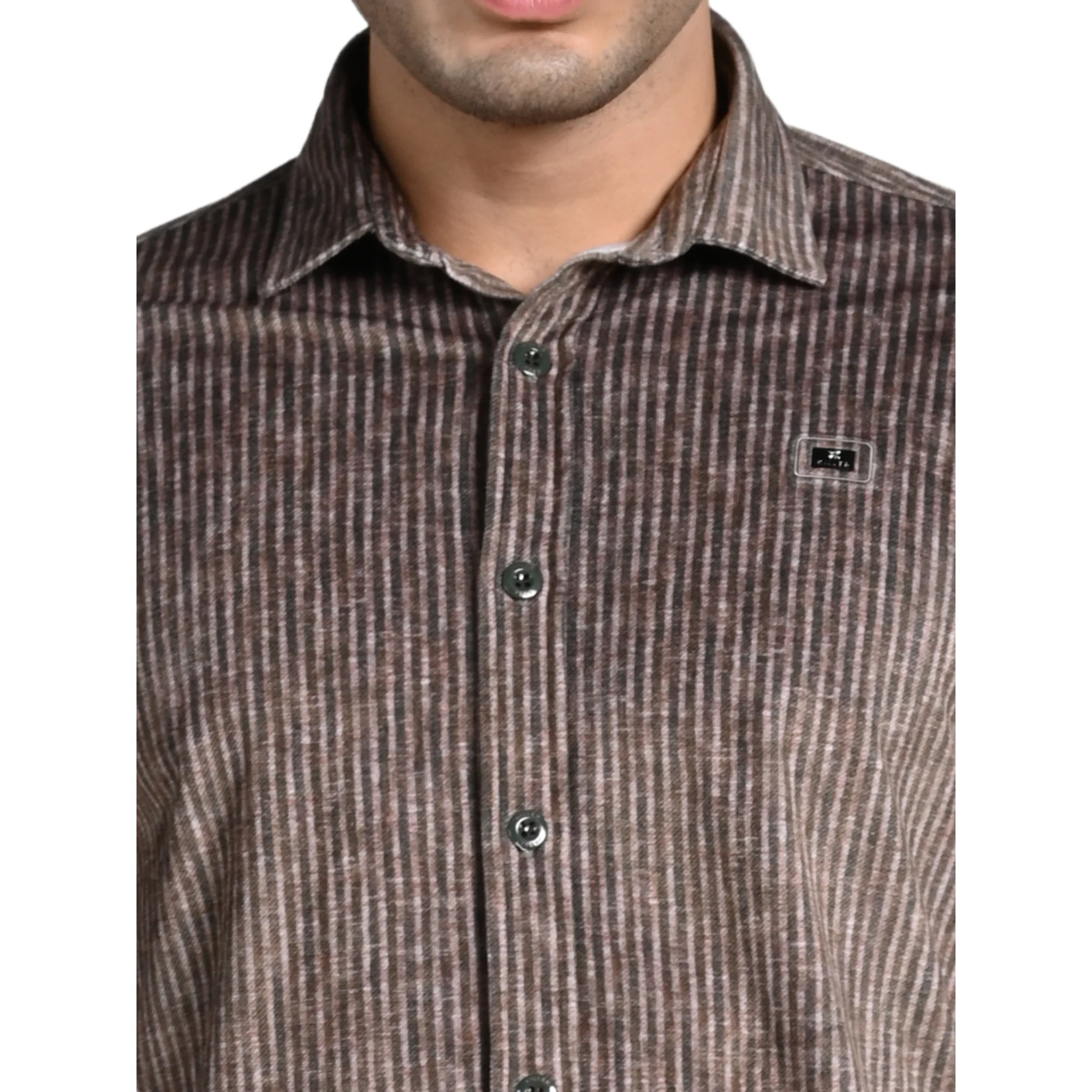 Full Sleeves Slim Fit Brown Grunge Stripe Uncut Corduroy Print Shirt - Image 8